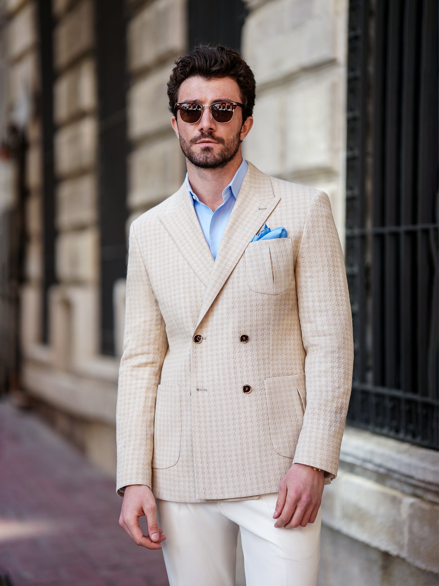 Beige Houndstooth Double Breasted Blazer