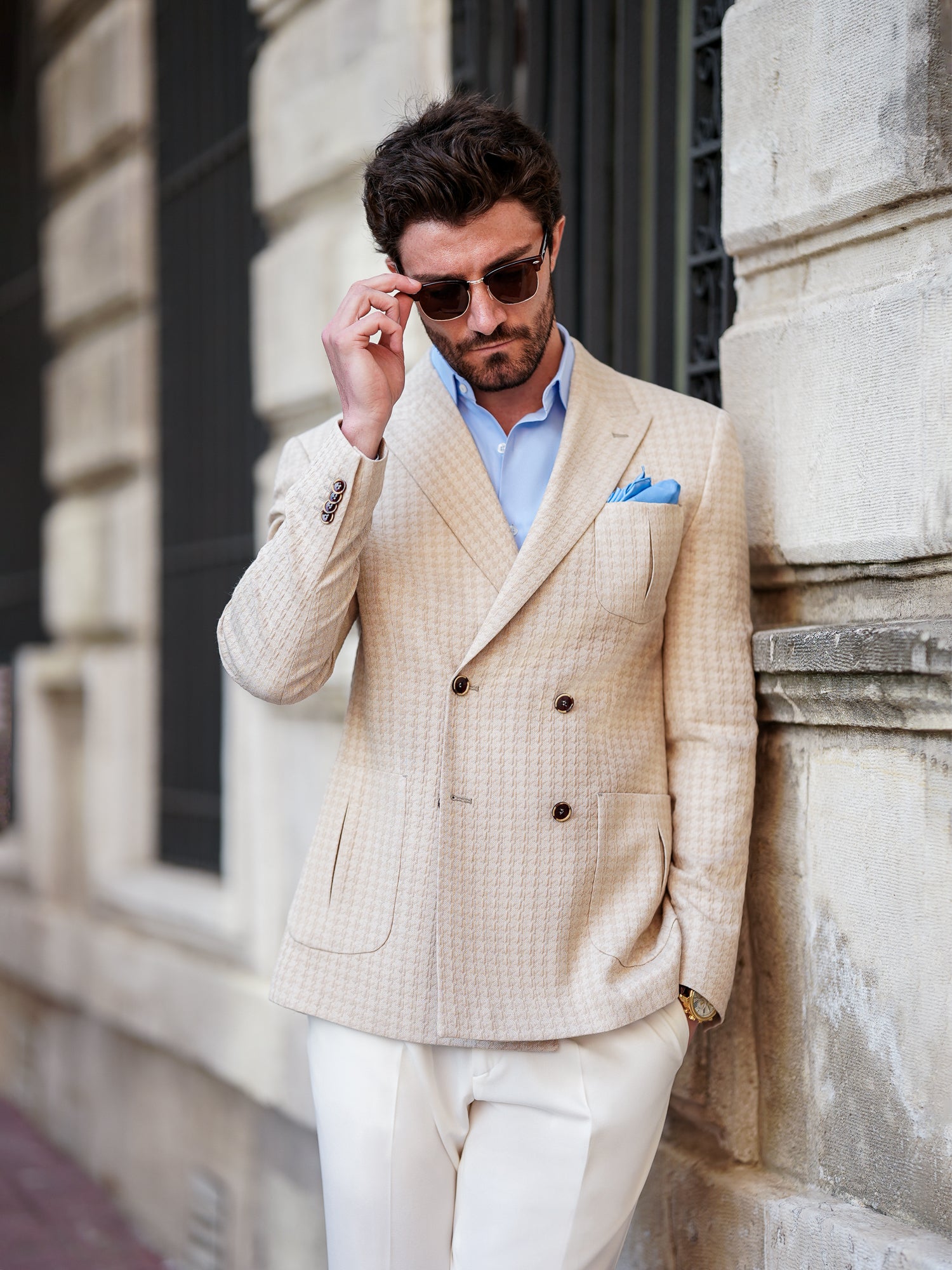 Beige Houndstooth Double Breasted Blazer