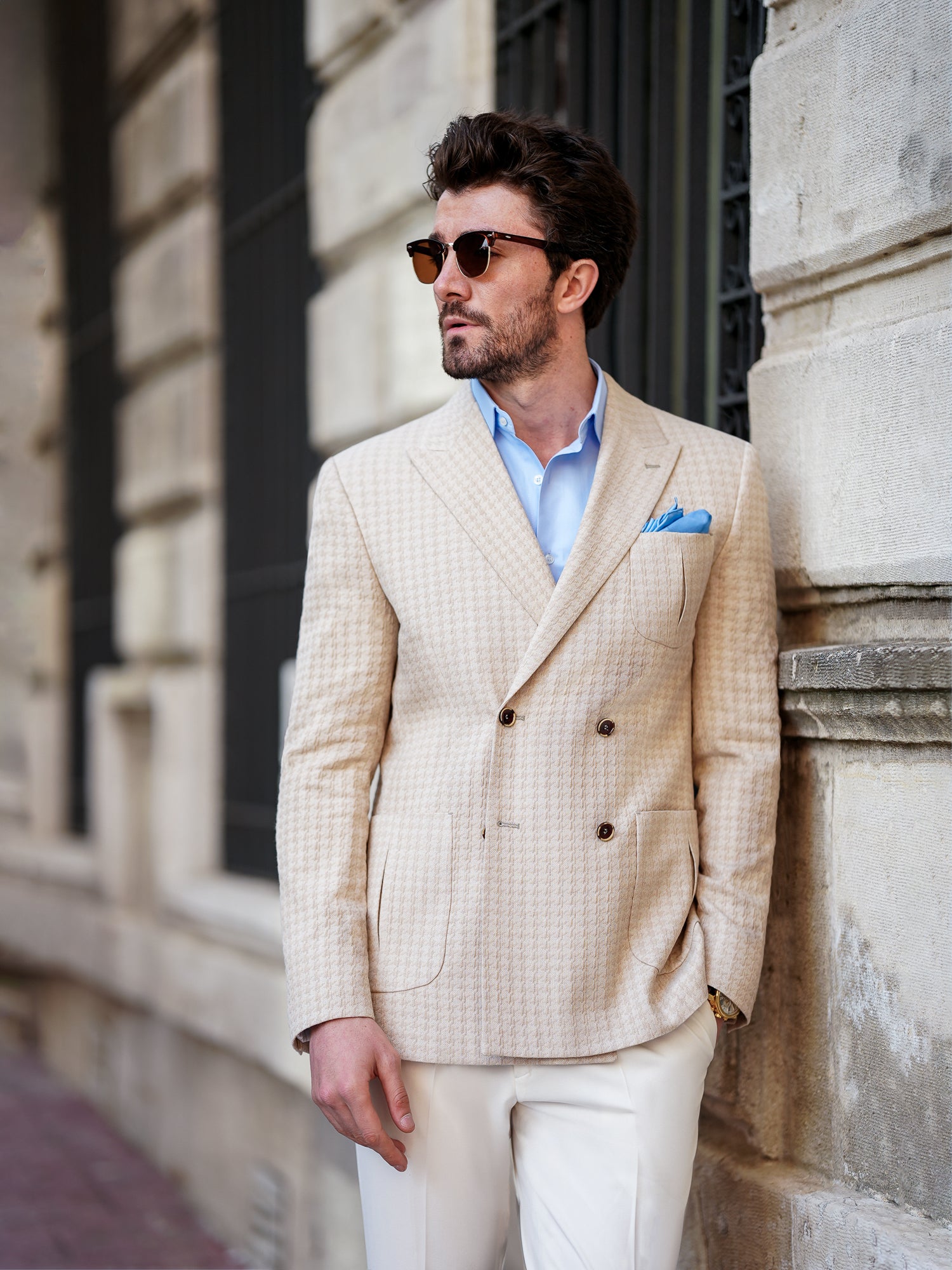 Beige Houndstooth Double Breasted Blazer