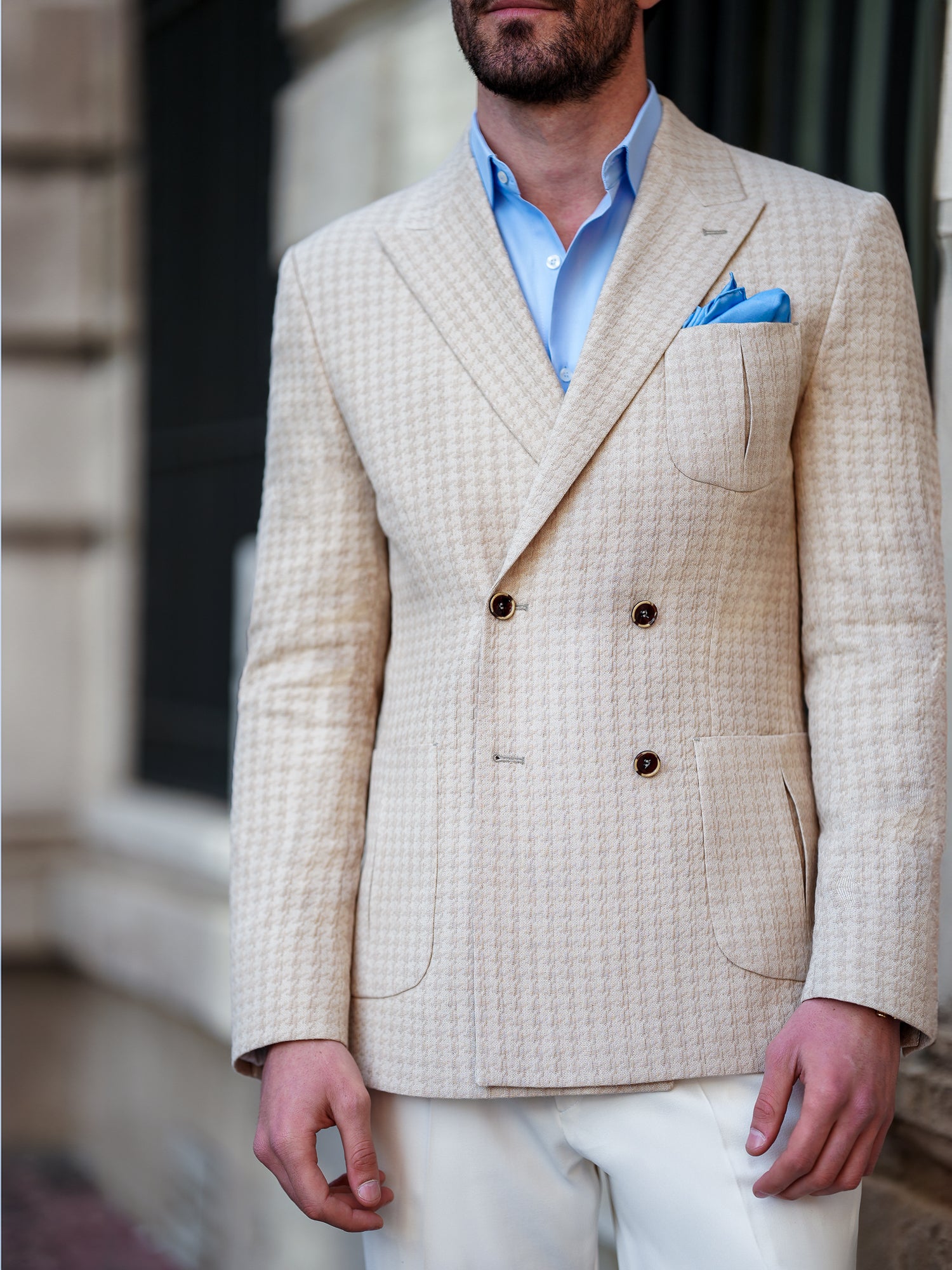 Beige Houndstooth Double Breasted Blazer