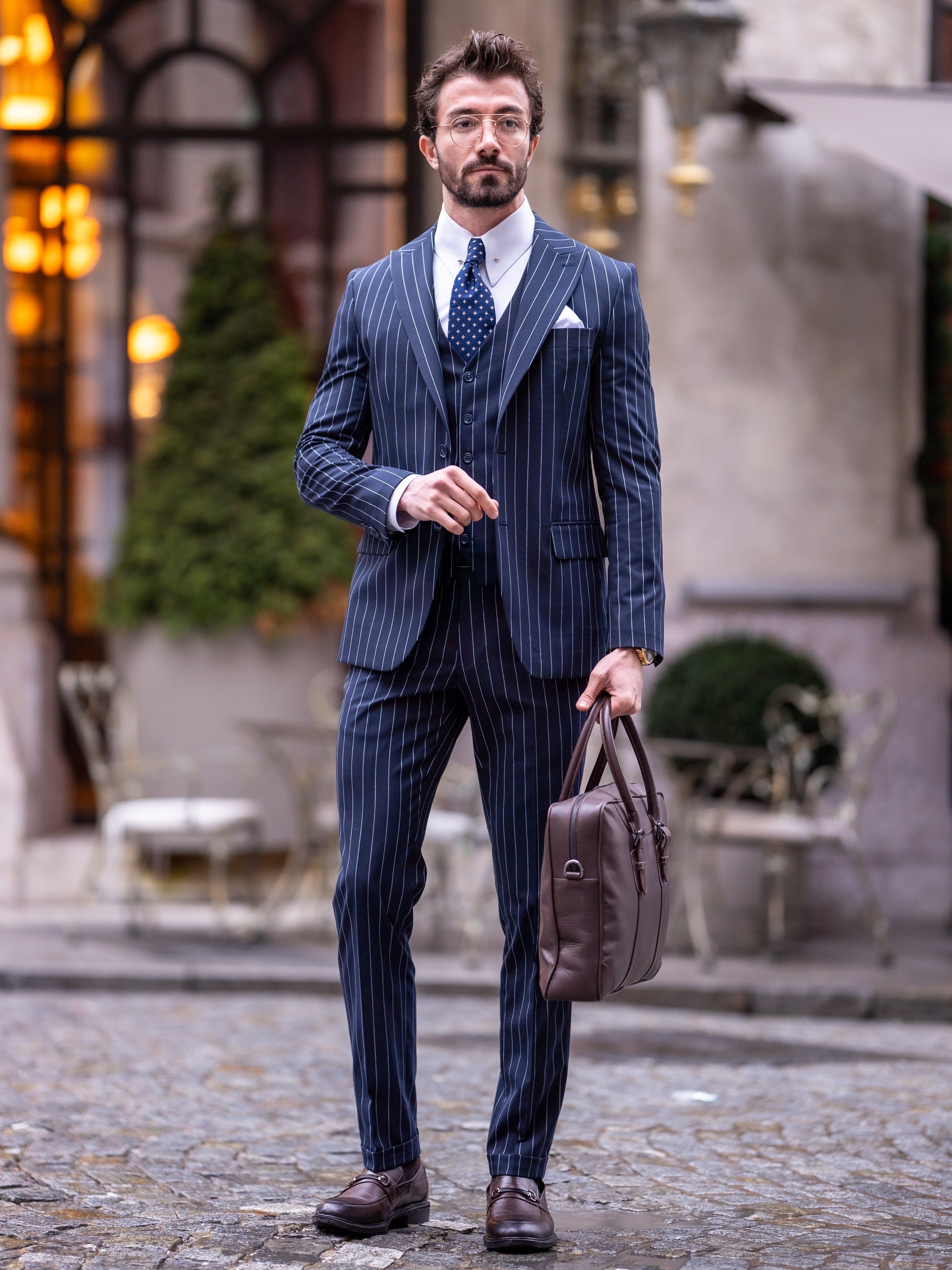 Navy Striped Slim-Fit Suit 3-Piece