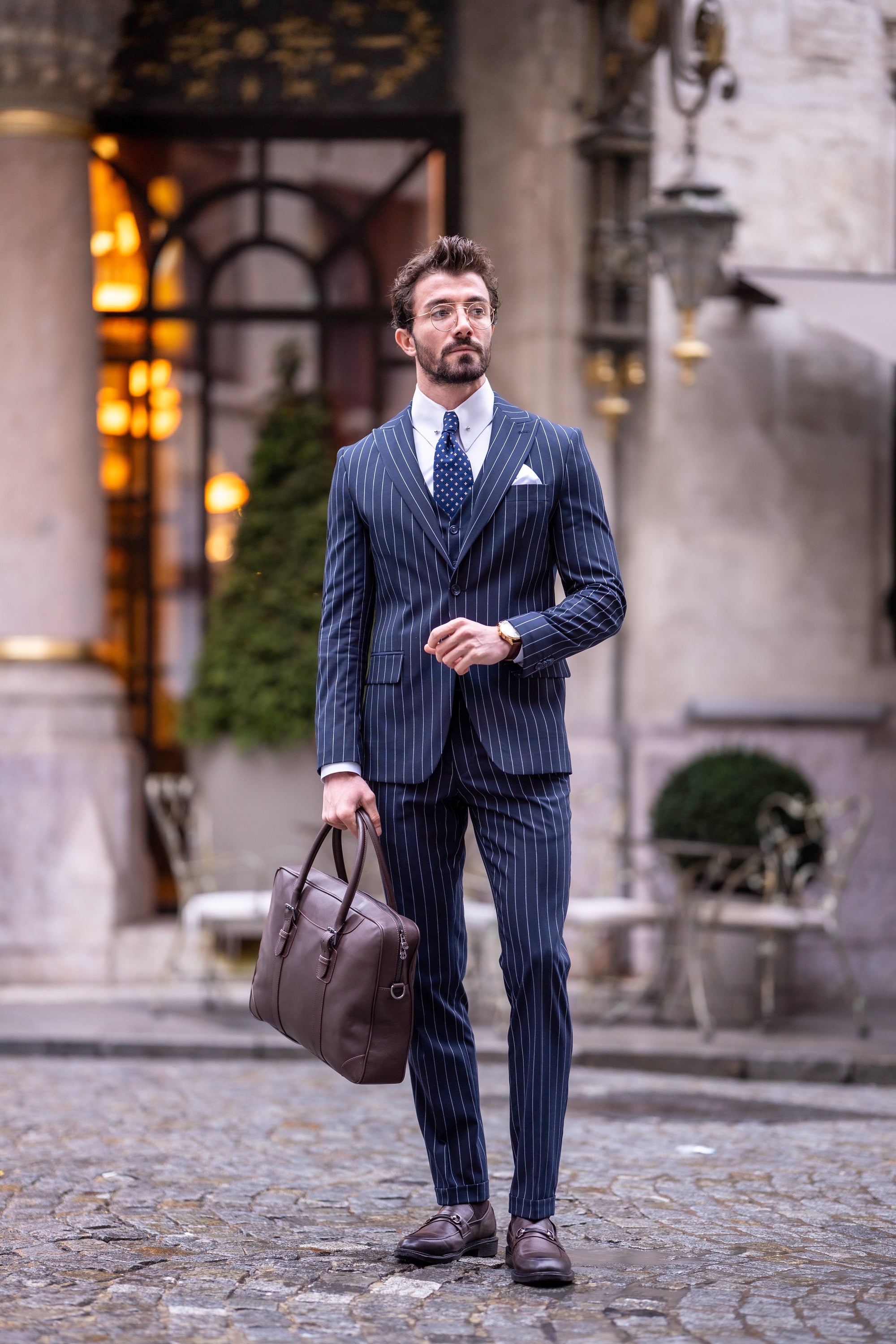 Navy Striped Slim-Fit Suit 3-Piece