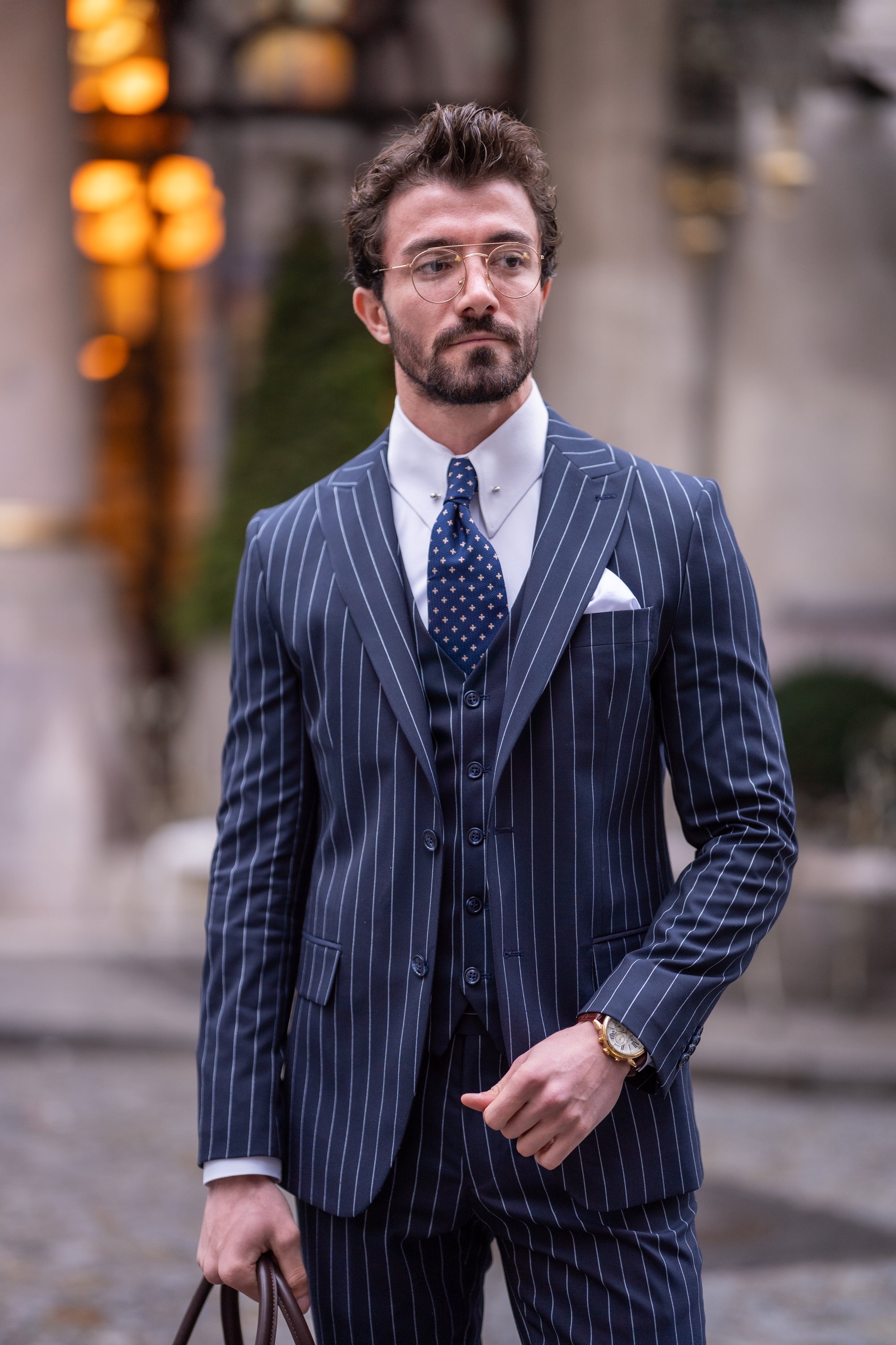 Navy Striped Slim-Fit Suit 3-Piece