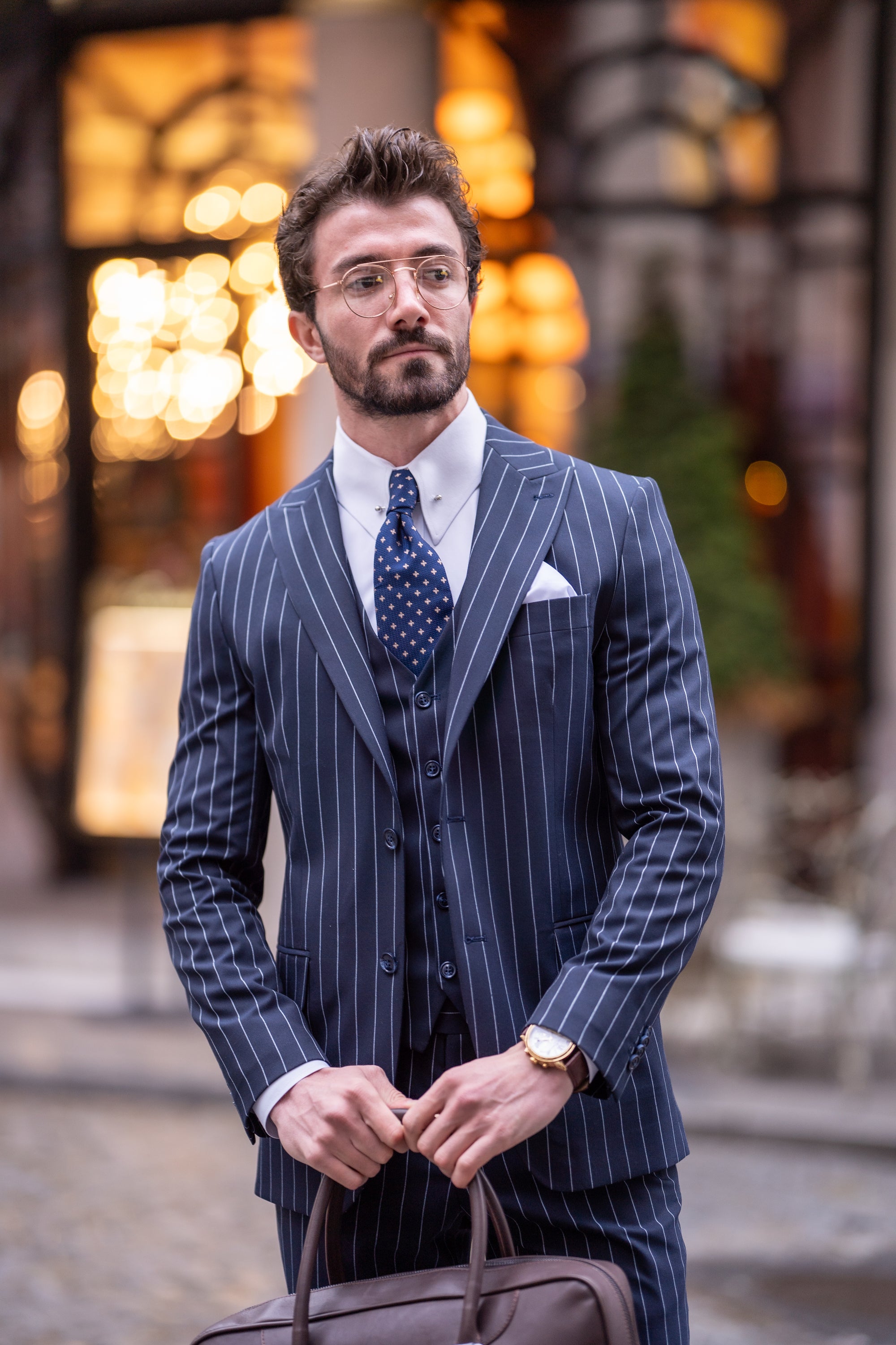 Navy Striped Slim-Fit Suit 3-Piece