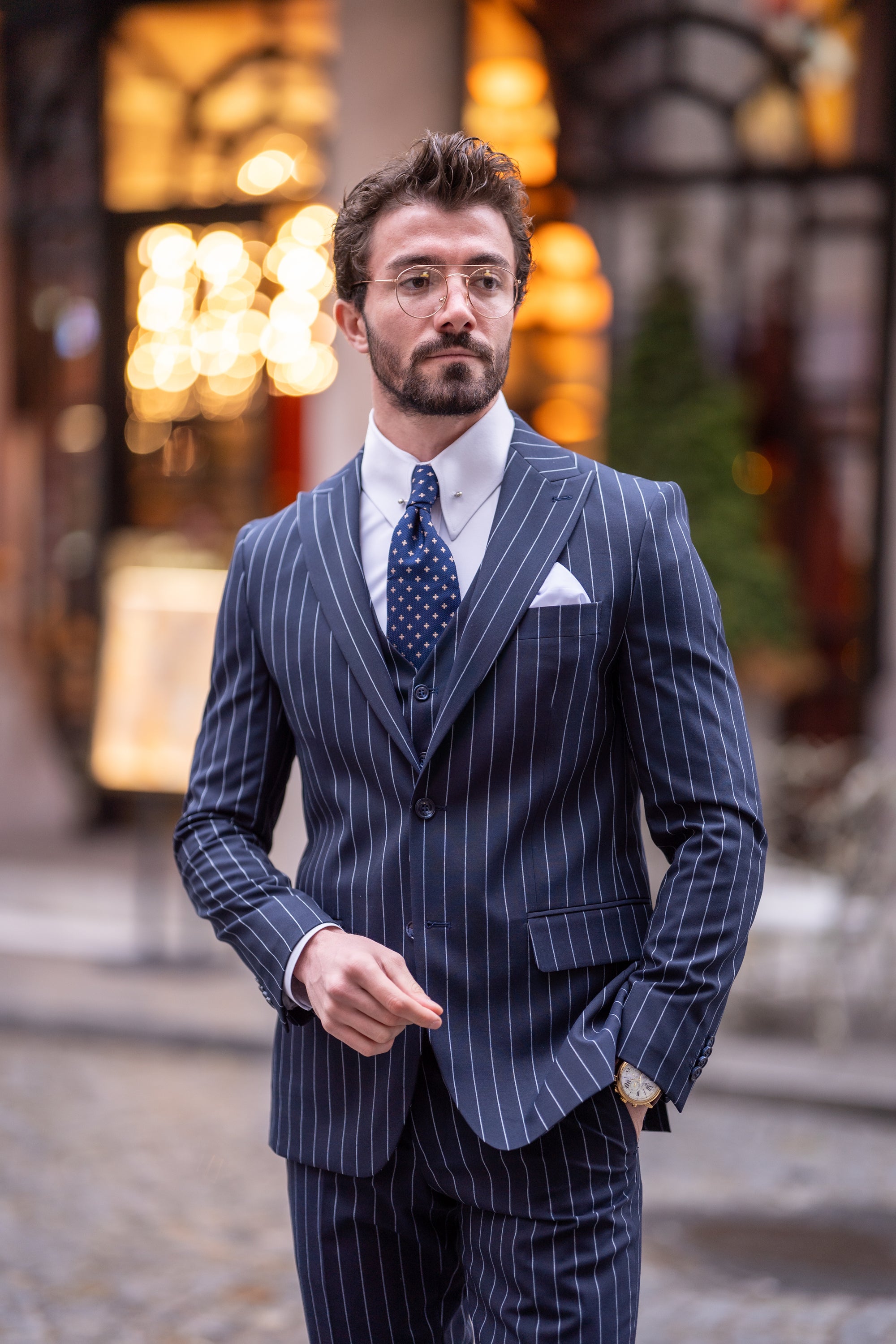 Navy Striped Slim-Fit Suit 3-Piece