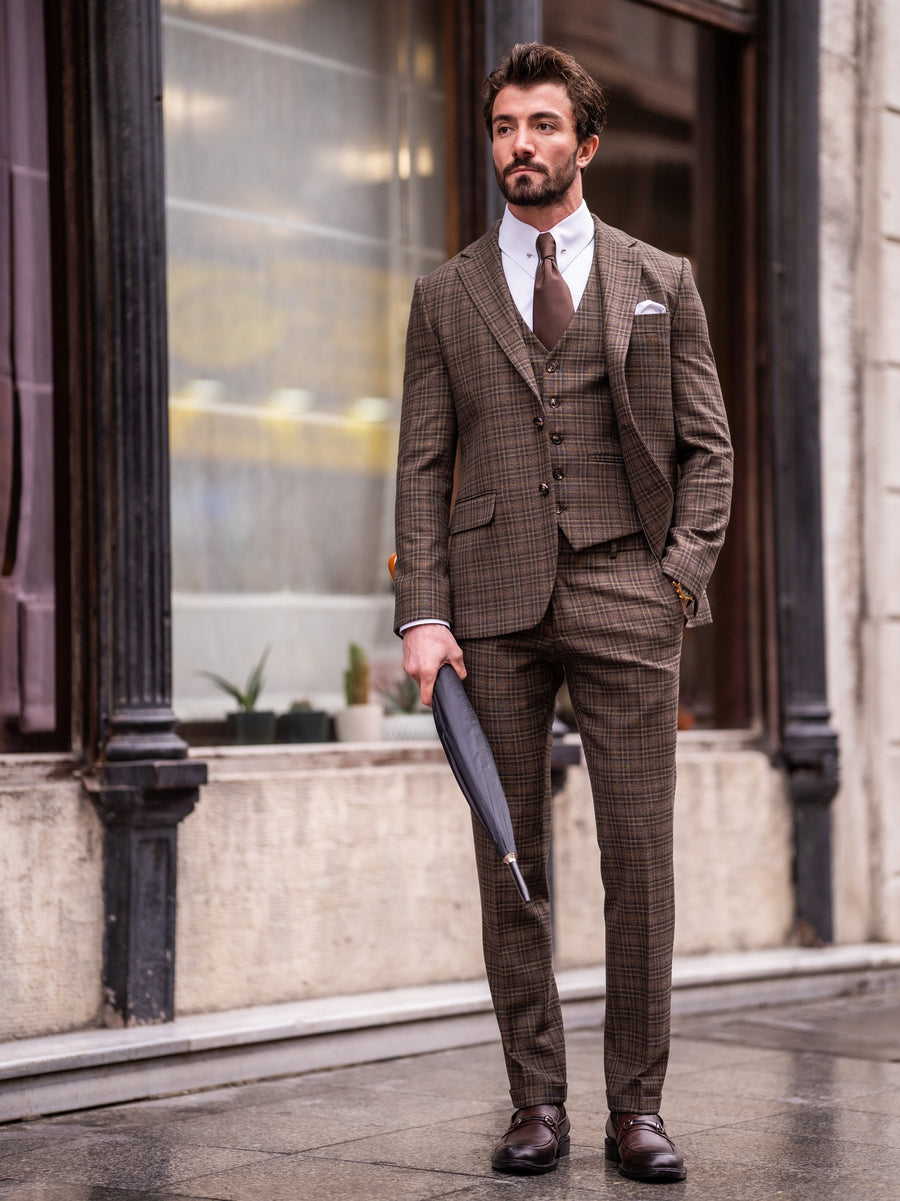 VIOSSI brown plaid slim-fit 3-piece suit front view featuring Italian suit styles and light blue wedding suit