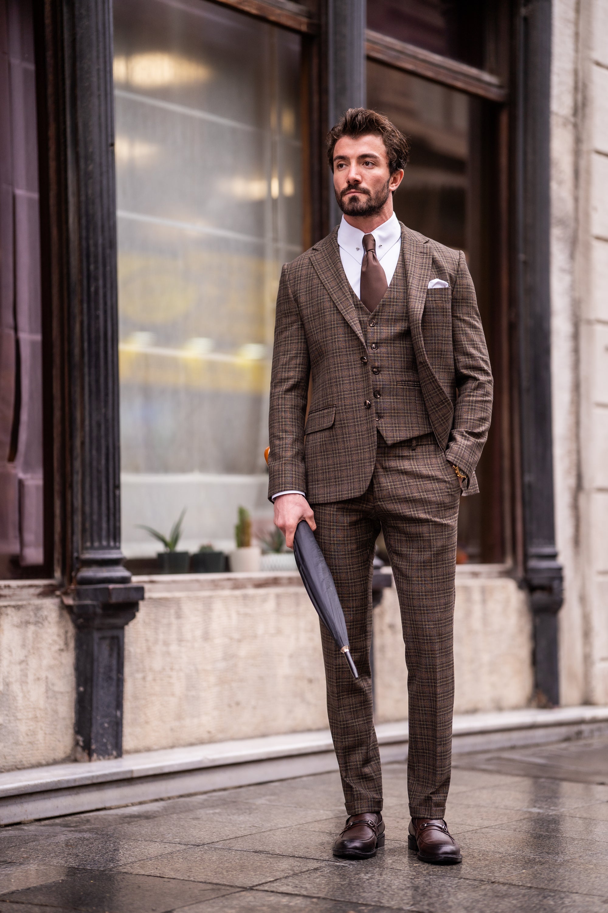 Brown Plaid Slim-Fit Suit 3-Piece