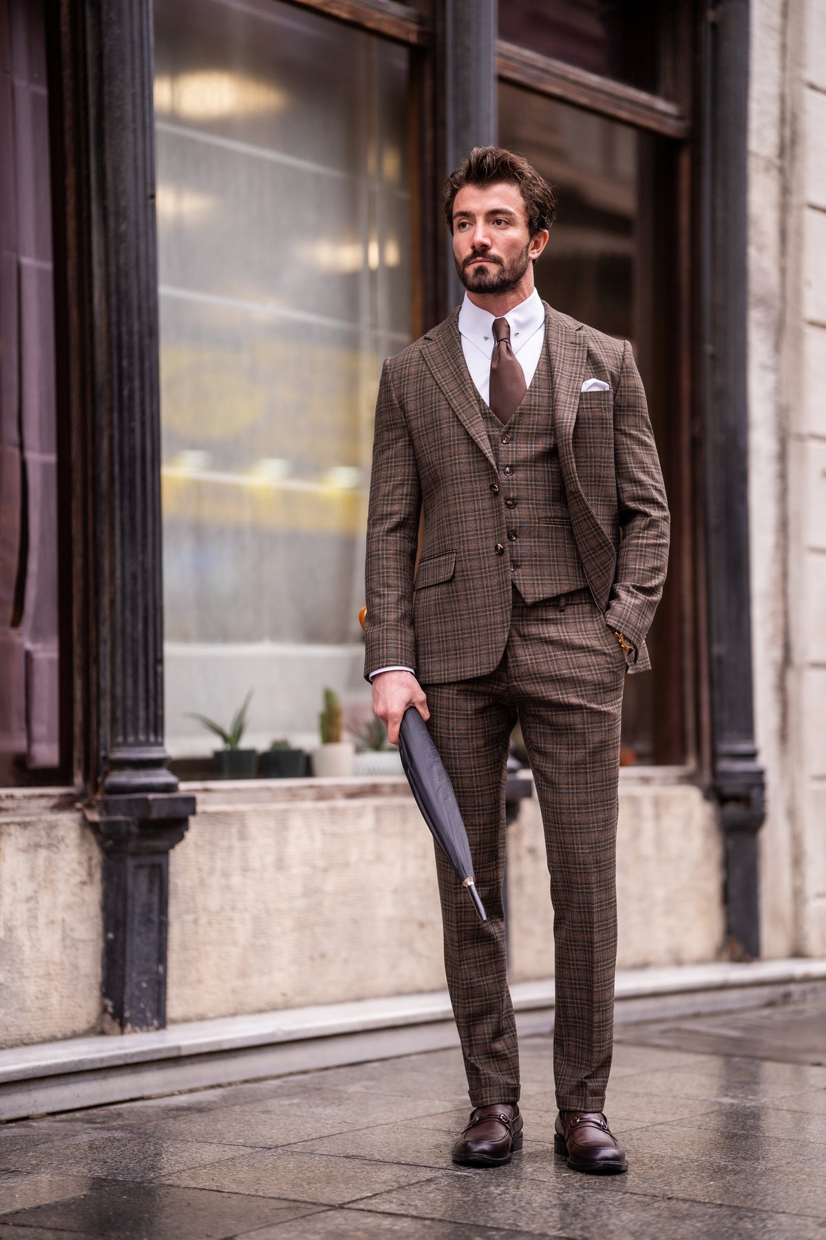 VIOSSI Brown Plaid Slim-Fit Suit 3-Piece back view showing tailored fit and italian suit styles craftsmanship