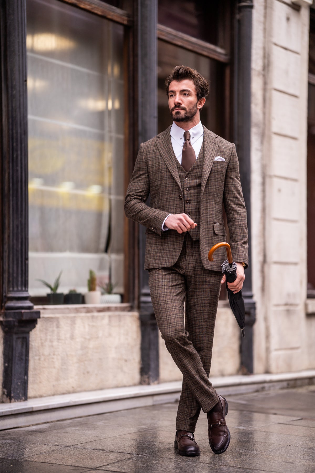 VIOSSI brown plaid slim-fit 3-piece suit vest detail - Italian suit styles perfect for light blue wedding suit