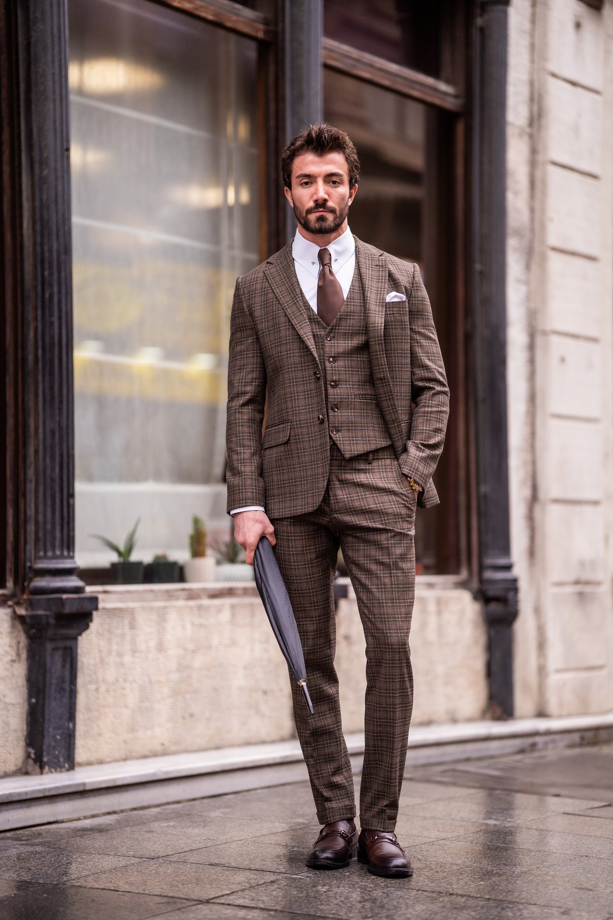 VIOSSI Brown Plaid Slim-Fit Suit 3-Piece front view - italian suit styles for modern gentlemen