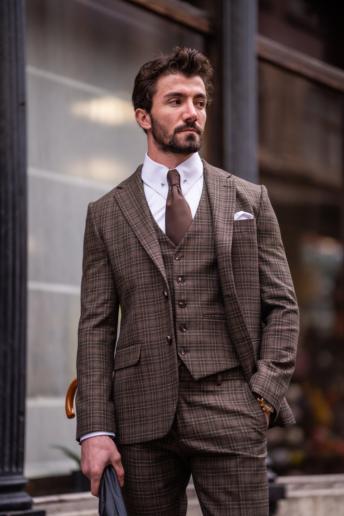VIOSSI Brown Plaid Slim-Fit Suit 3-Piece trouser detail with sharp creases and italian suit styles tailoring