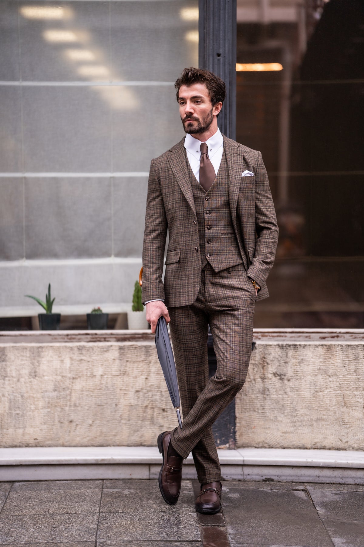 VIOSSI Brown Plaid Slim-Fit Suit 3-Piece vest detail - light blue wedding suit alternative with classic pattern
