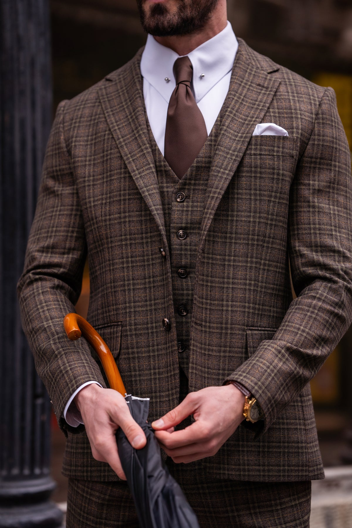 VIOSSI Brown Plaid Slim-Fit Suit 3-Piece fabric texture close-up - light blue wedding suit color alternative