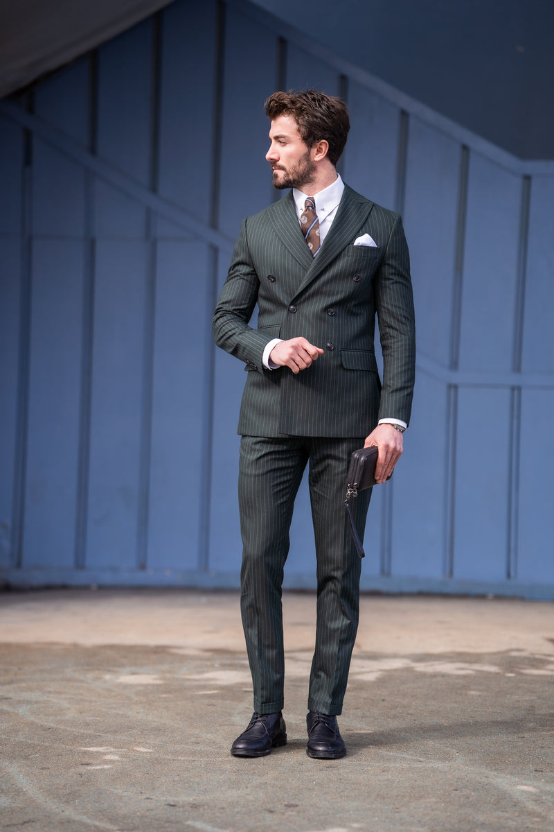 Khaki Striped Double Breasted Suit 2-Piece