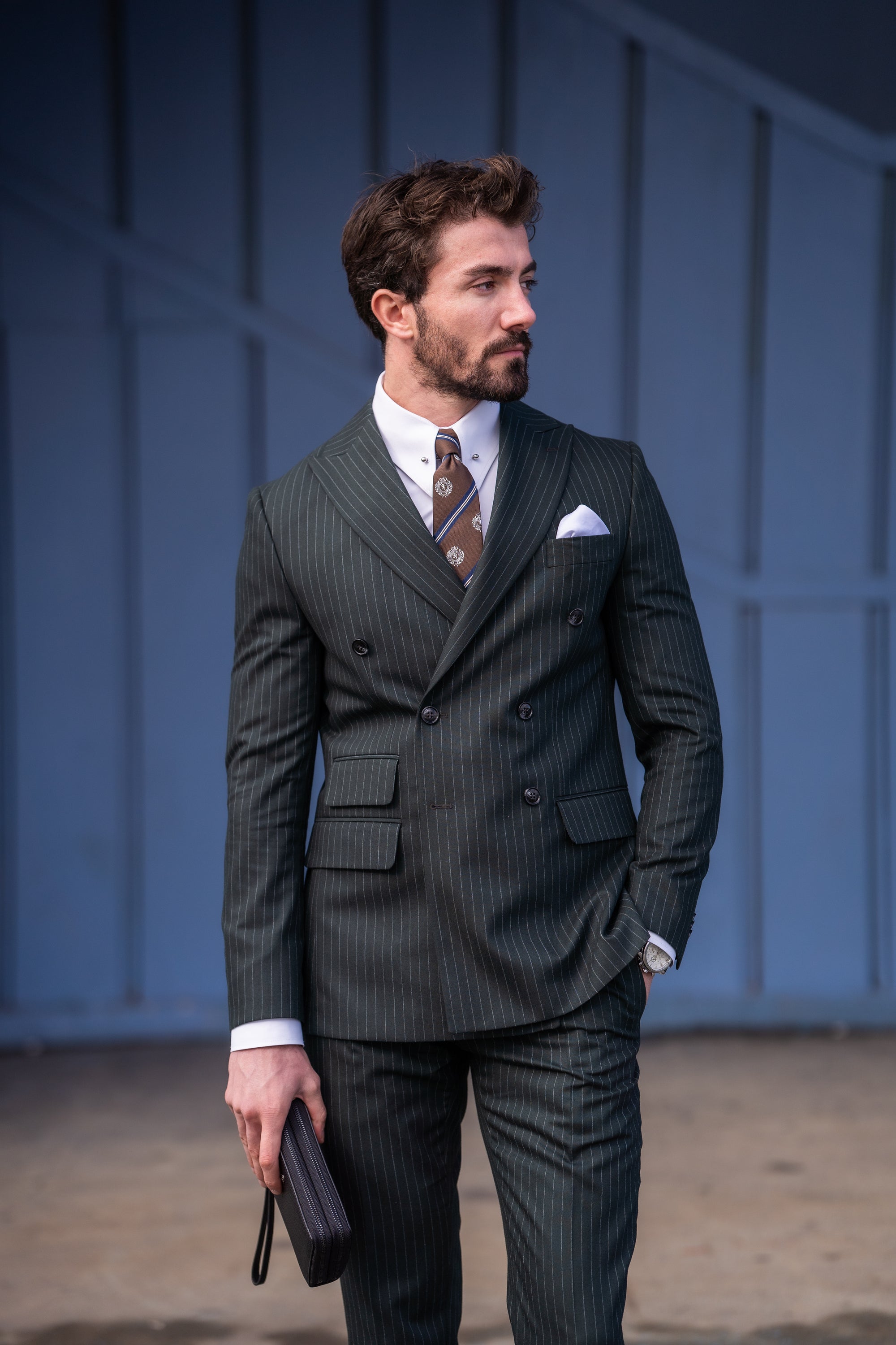 Khaki Striped Double Breasted Suit 2-Piece