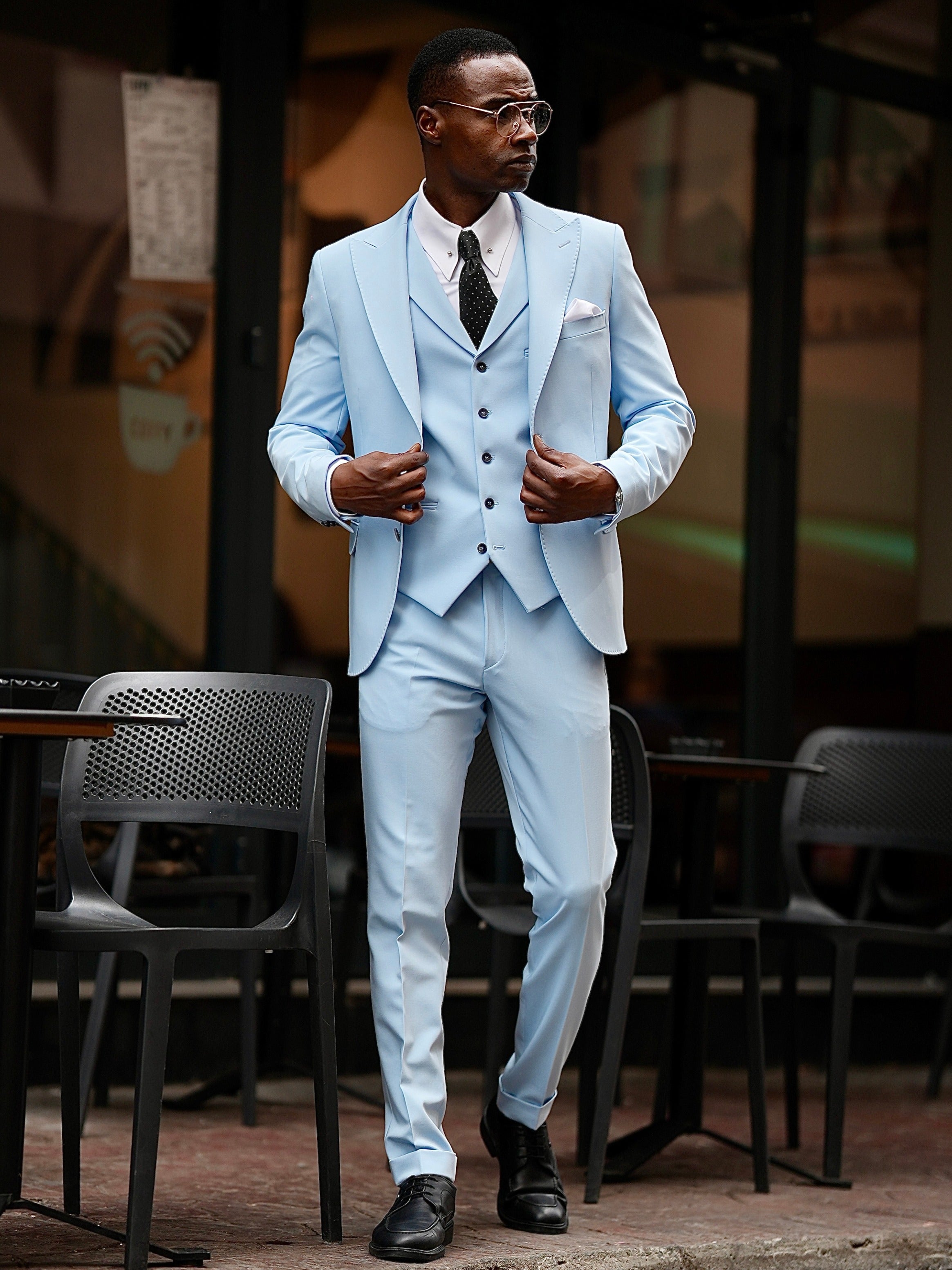 Sky-Blue Slim-Fit Suit 3-Piece