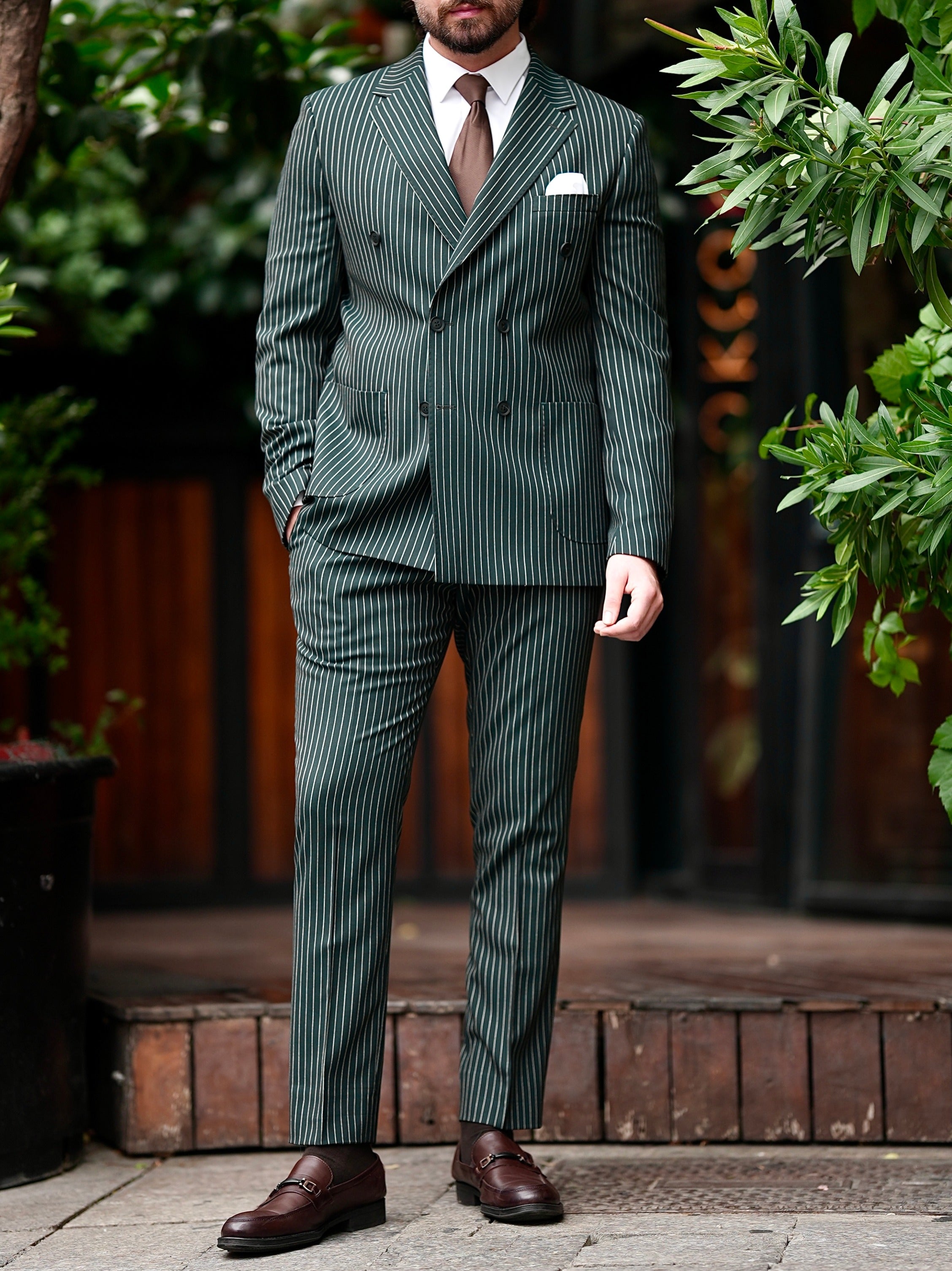 Green Striped Double Breasted Suit 2-Piece