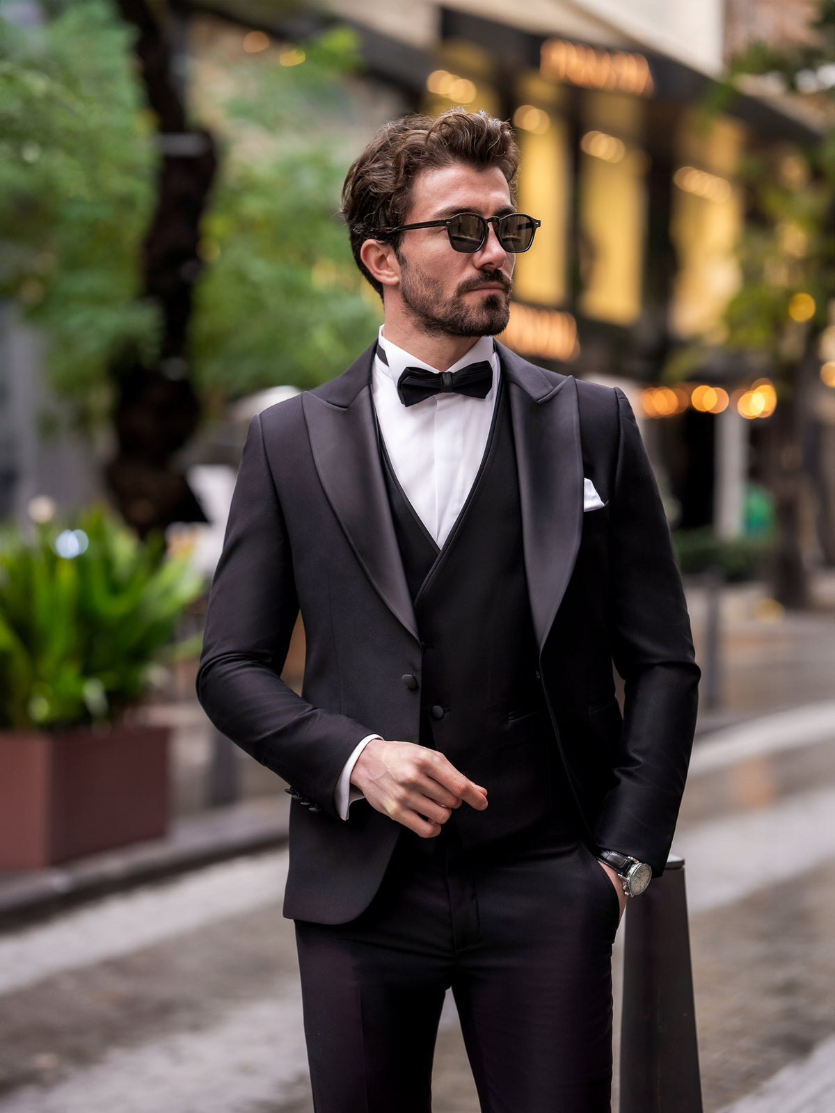 VIOSSI black double breasted tuxedo 3-piece set back view showing jacket tailoring and fit
