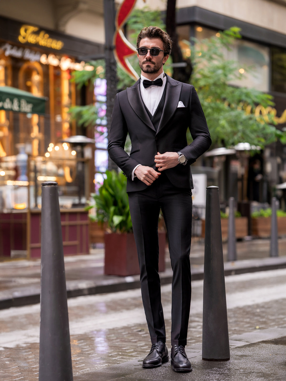 VIOSSI black slim-fit 3-piece tuxedo back view showcasing double breasted tuxedo tailoring and fit