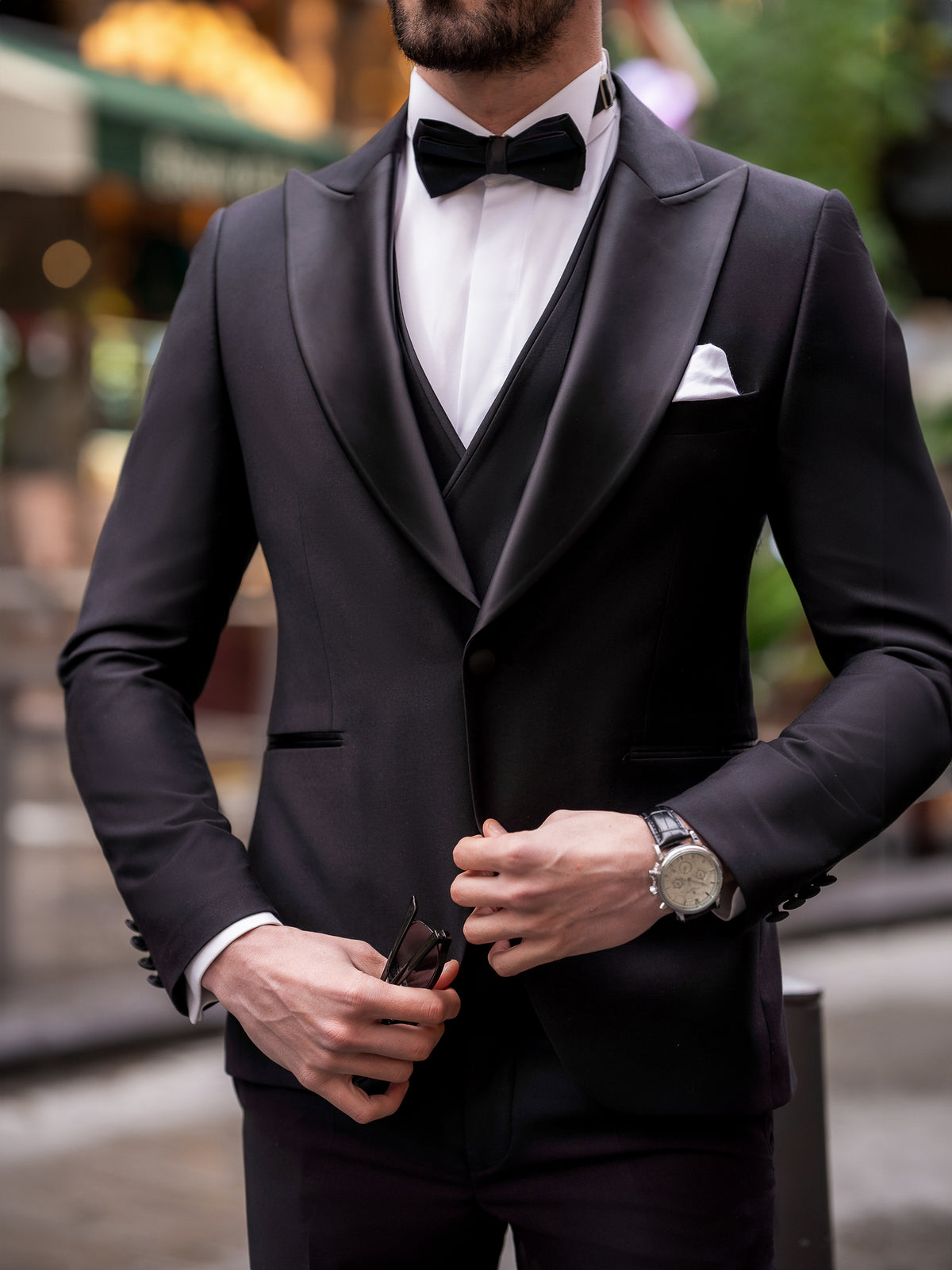 VIOSSI black slim-fit tuxedo double breasted styled look with bow tie and dress shirt