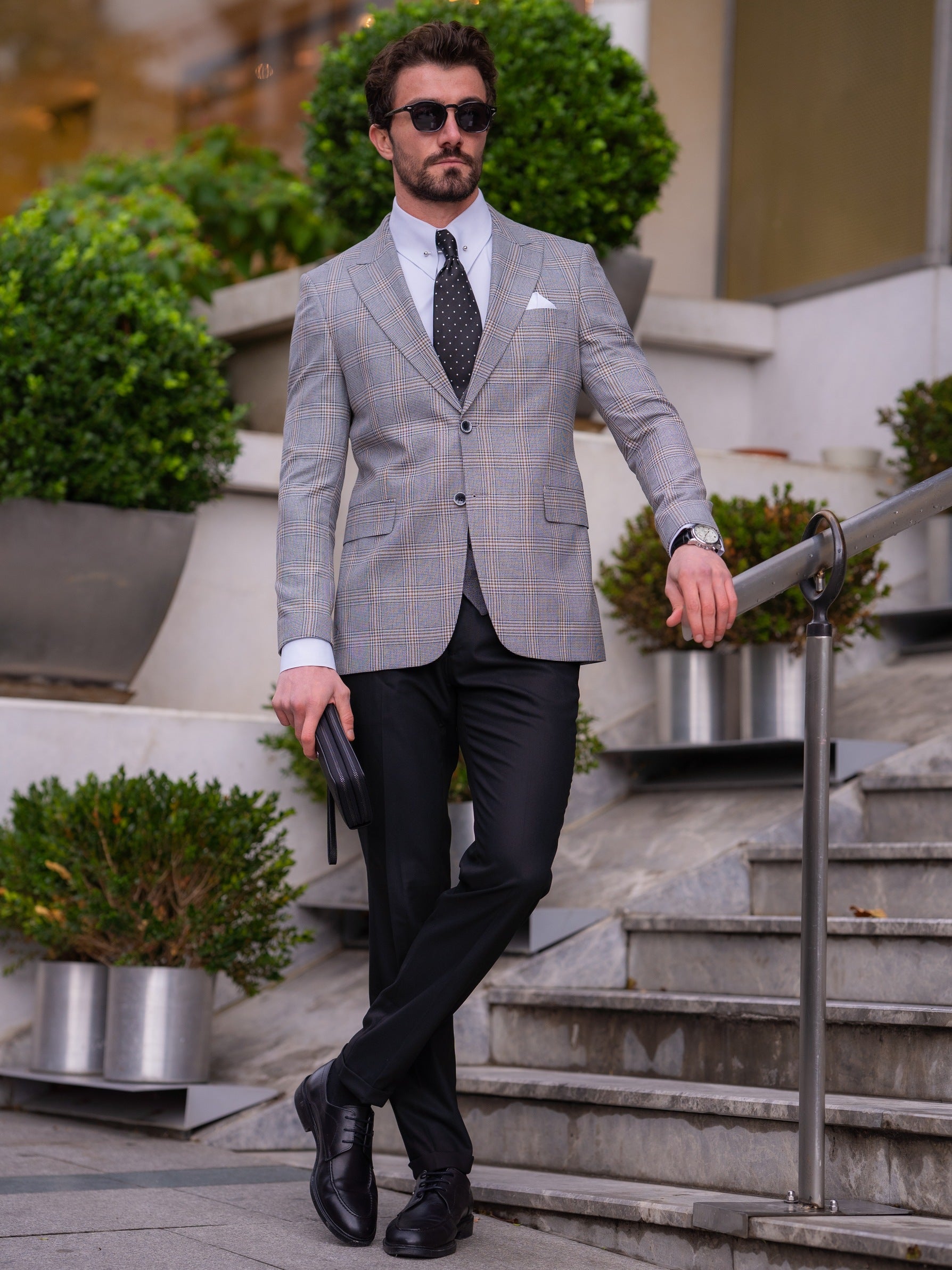 Grey Plaid Slim-Fit Suit 3-Piece