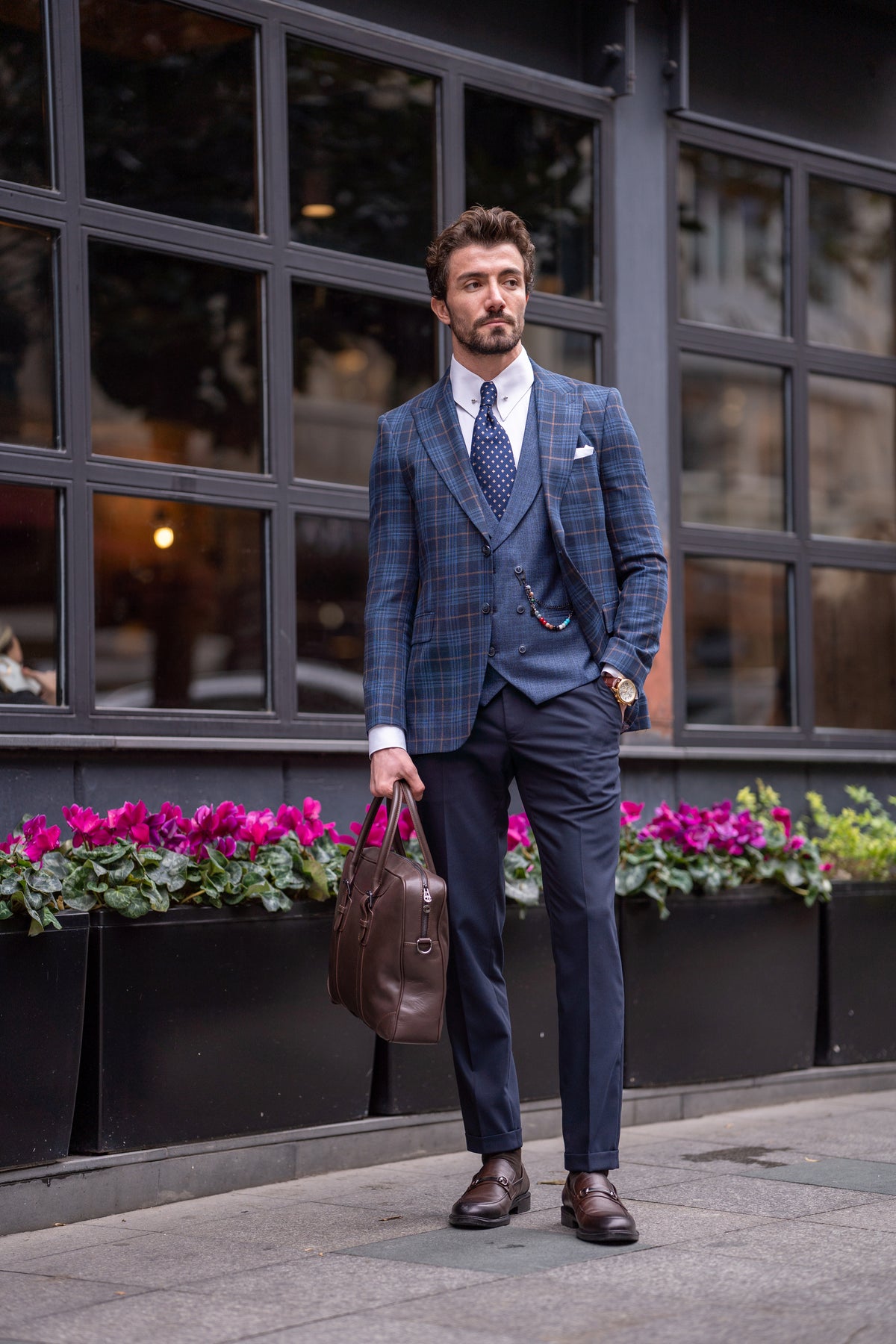 VIOSSI Navy Plaid Slim-Fit Suit 3-Piece front view - italian suit styles for formal occasions and weddings