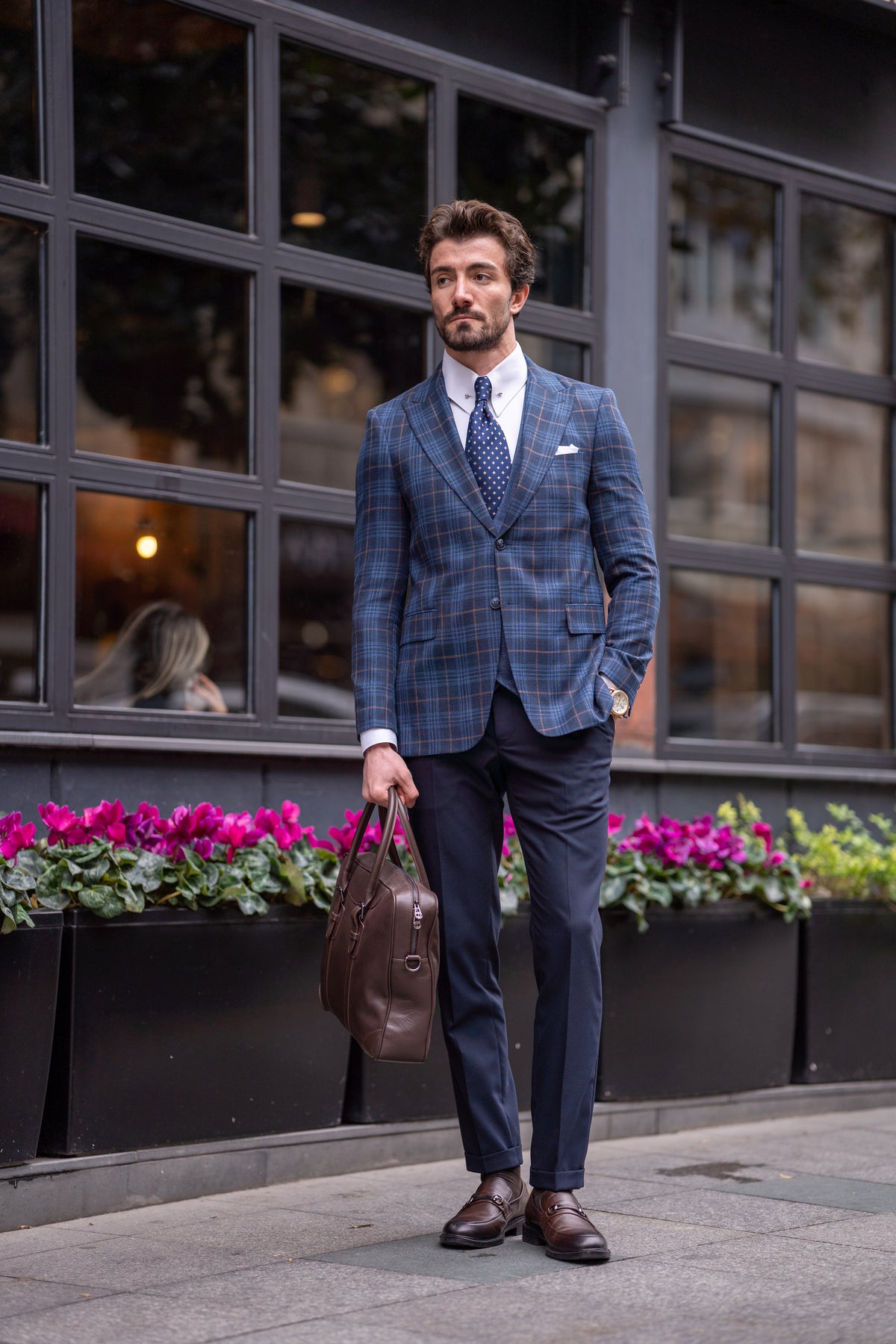 VIOSSI Navy Plaid Slim-Fit Suit 3-Piece vest close-up highlighting light blue wedding suit styling options