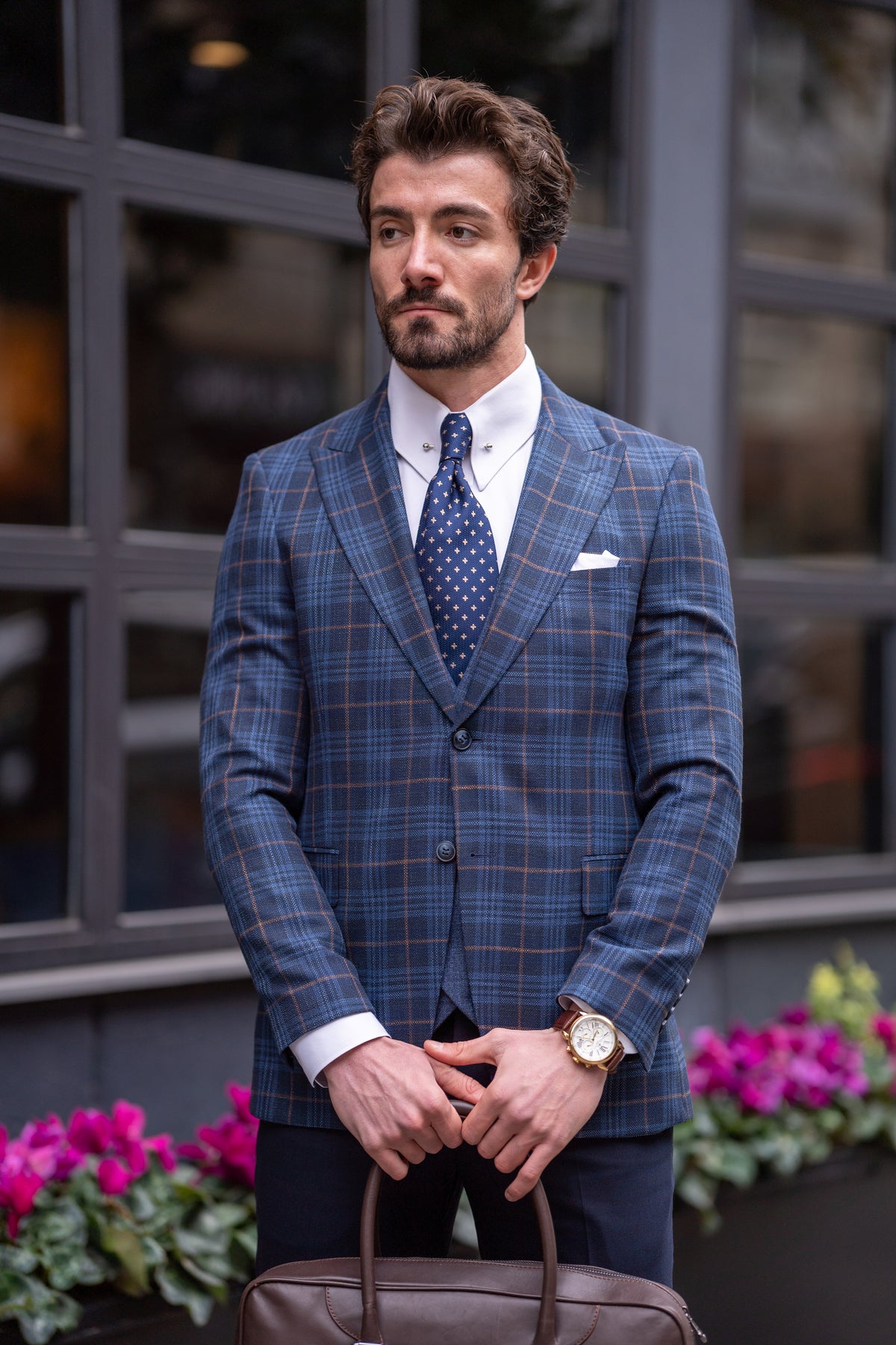 VIOSSI Navy Plaid Slim-Fit Suit 3-Piece styled with accessories - perfect light blue wedding suit alternative