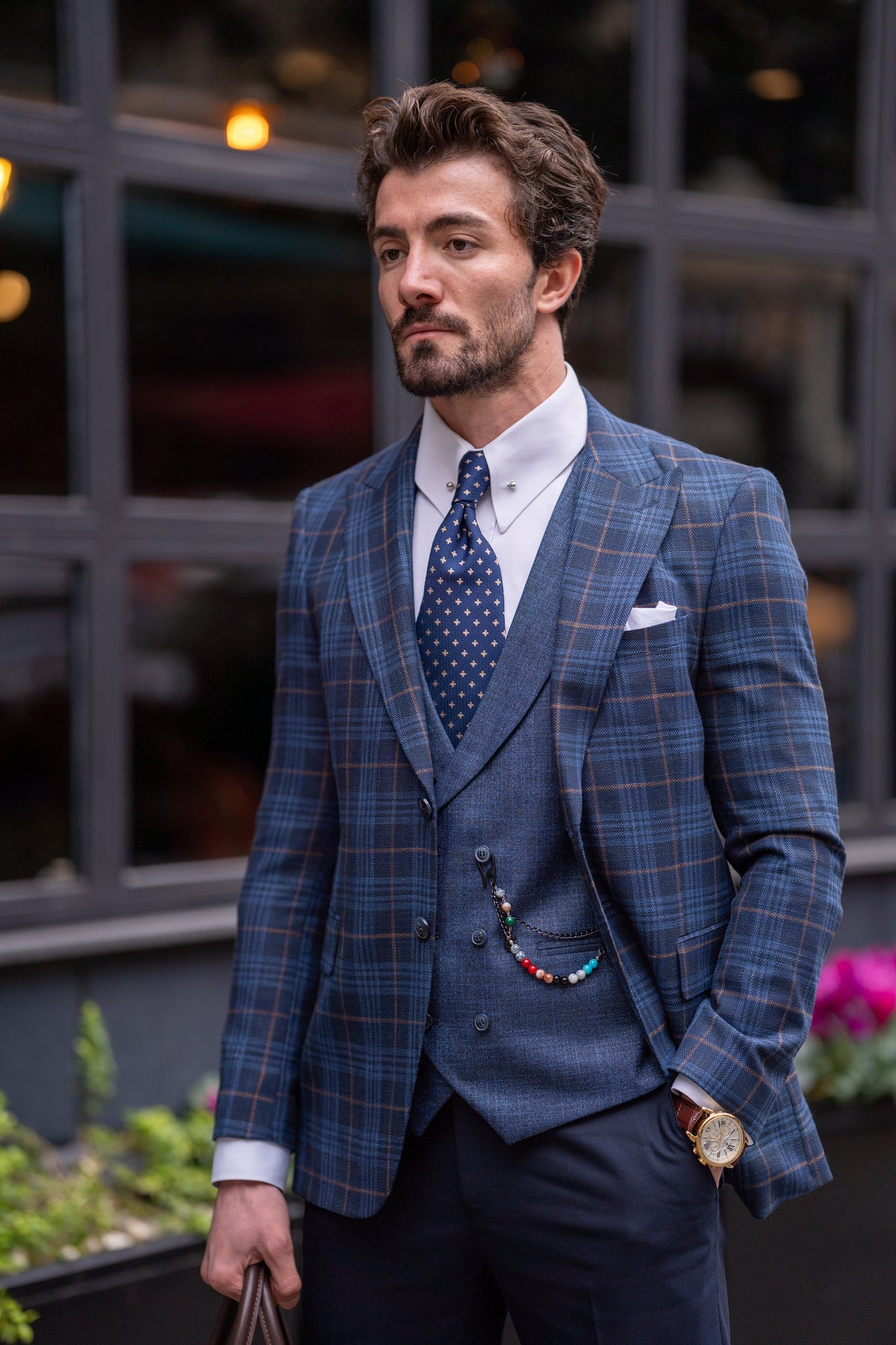 VIOSSI Navy Plaid Slim-Fit Suit 3-Piece full outfit on model demonstrating light blue wedding suit elegance