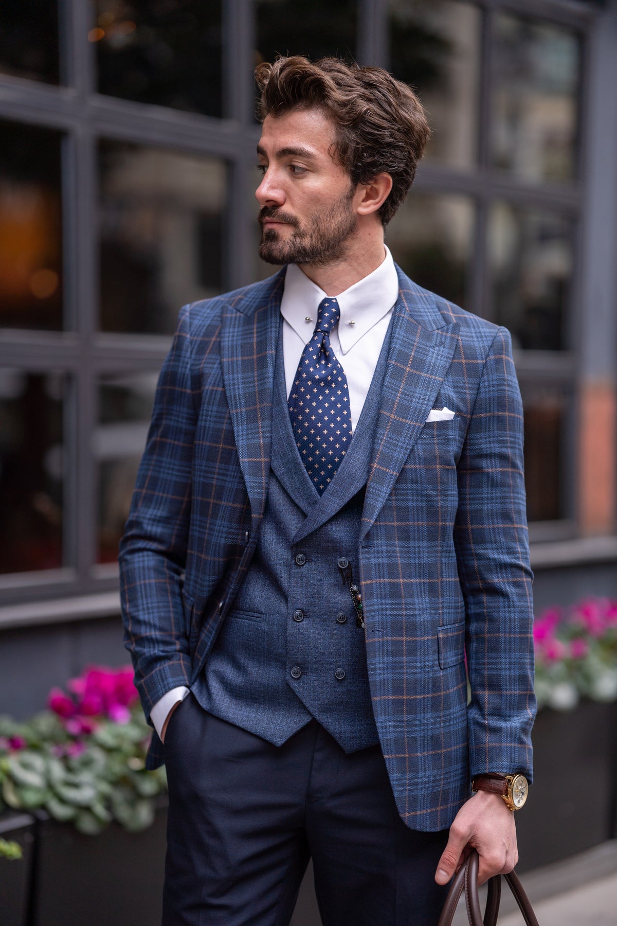 VIOSSI Navy Plaid Slim-Fit Suit 3-Piece lapel and button detail highlighting Italian suit styles finishing