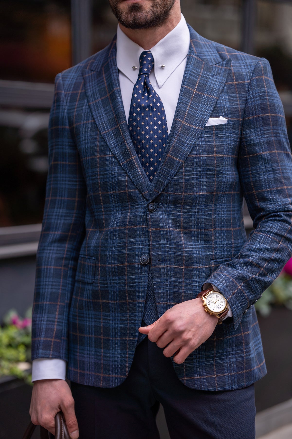 VIOSSI Navy Plaid Slim-Fit Suit 3-Piece complete set layout - sophisticated light blue wedding suit option