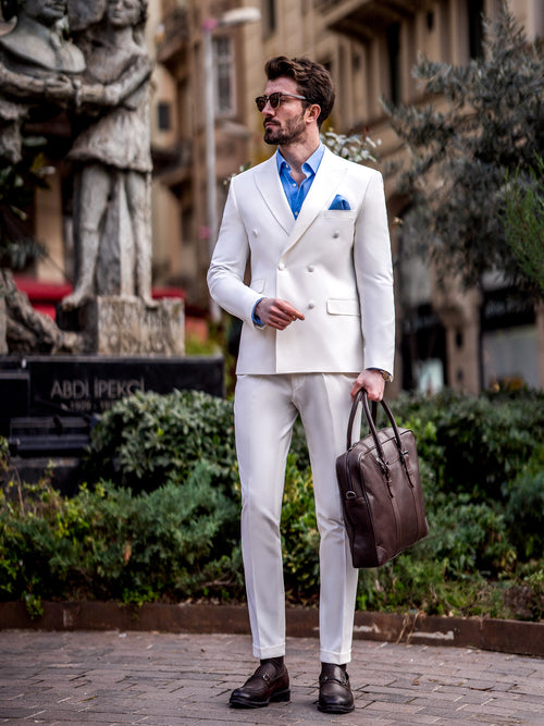Regular Fit Double Breasted 2 Piece Suit with Flexible Elastic Waistband White F-DC900 main image 0