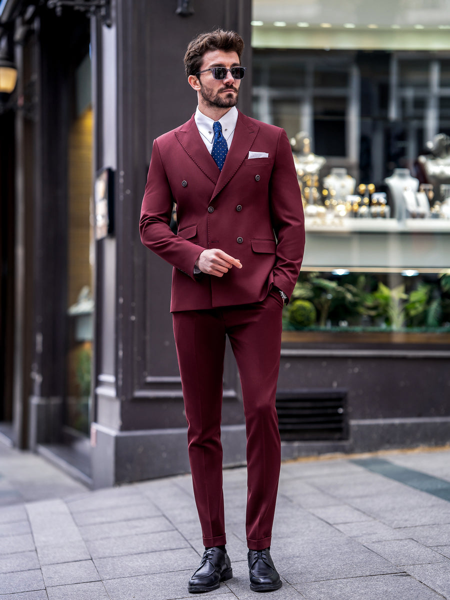 VIOSSI bordeaux double breasted tuxedo suit 2-piece front view - Italian suit styles in rich burgundy