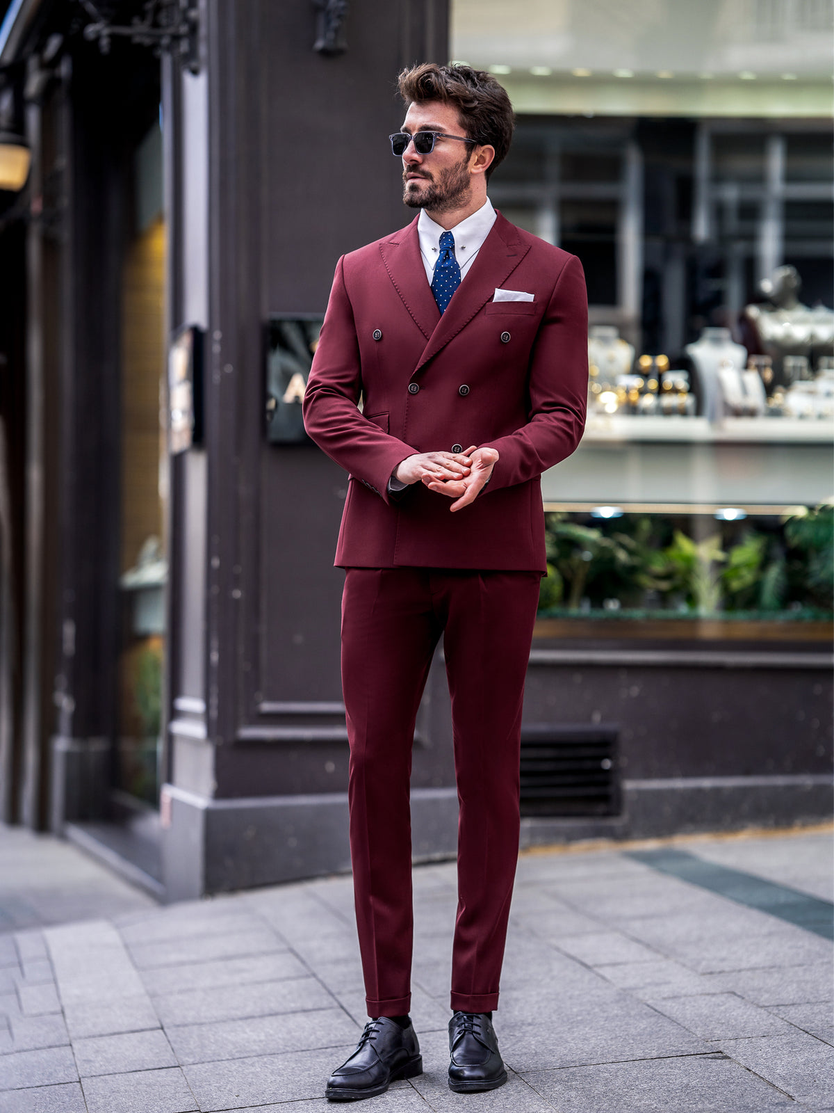 VIOSSI bordeaux double breasted suit 2-piece back view showing Italian suit styles tailoring details