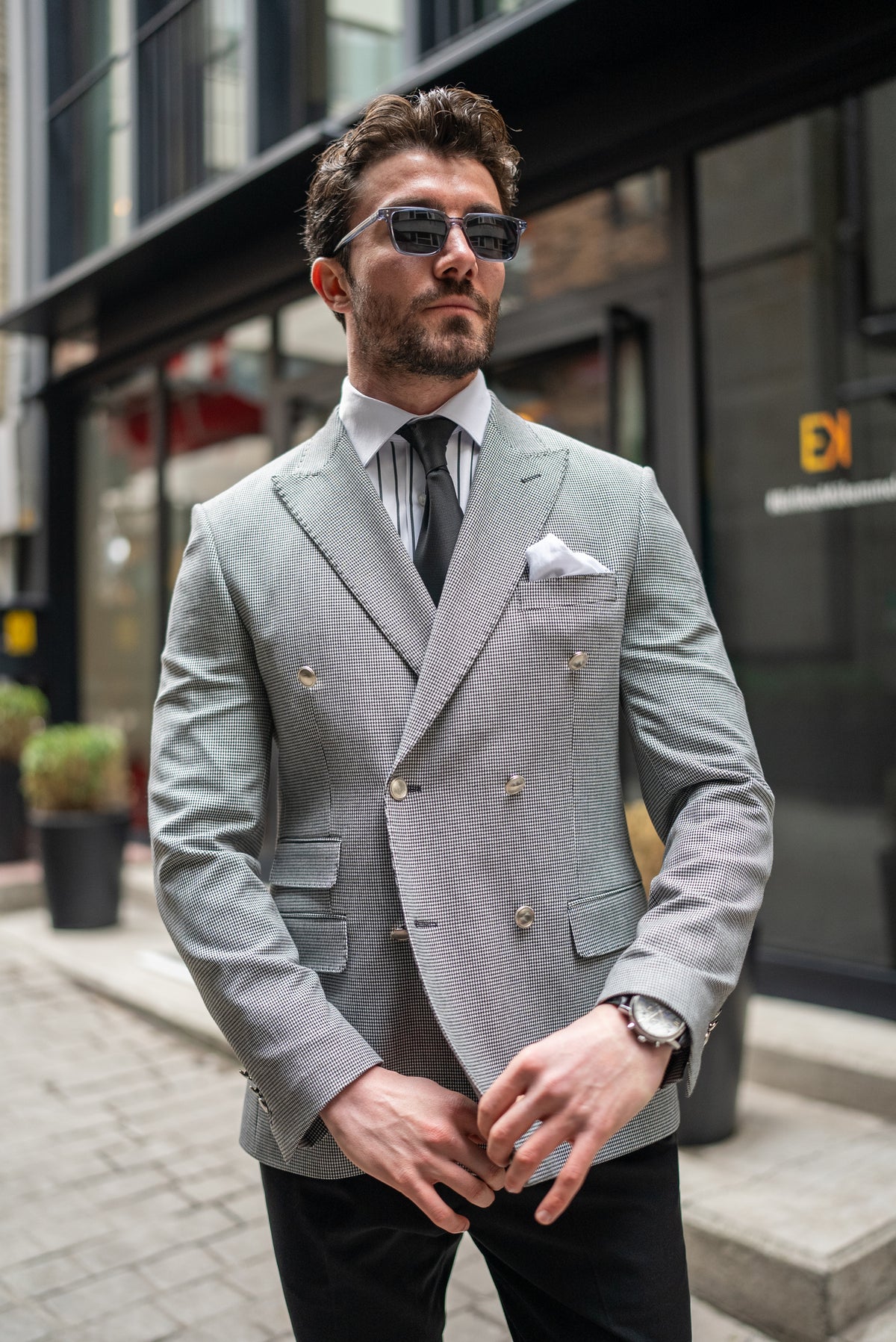 VIOSSI white houndstooth double breasted blazer front view - men double breasted blazer with classic pattern