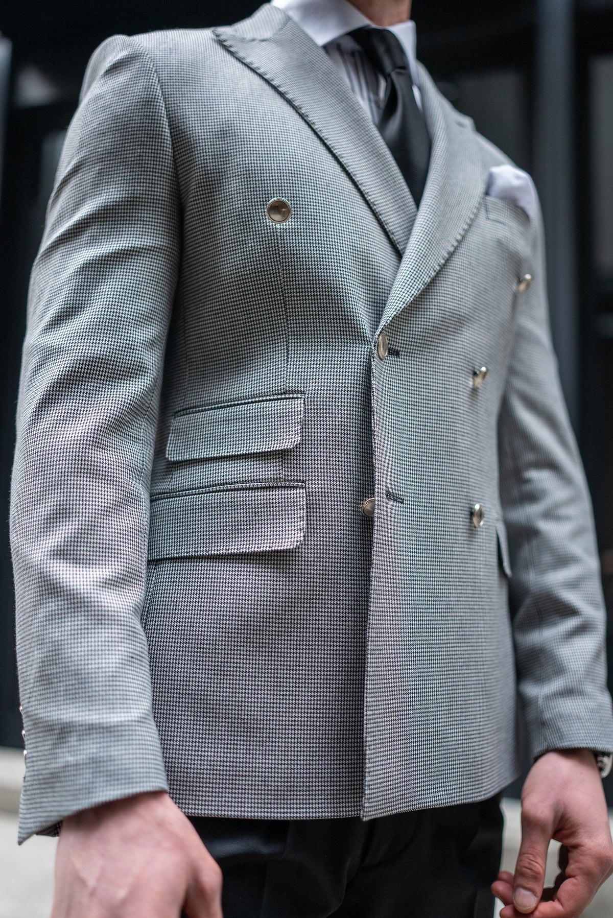 VIOSSI white houndstooth tuxedo double breasted blazer styled outfit view with accessories