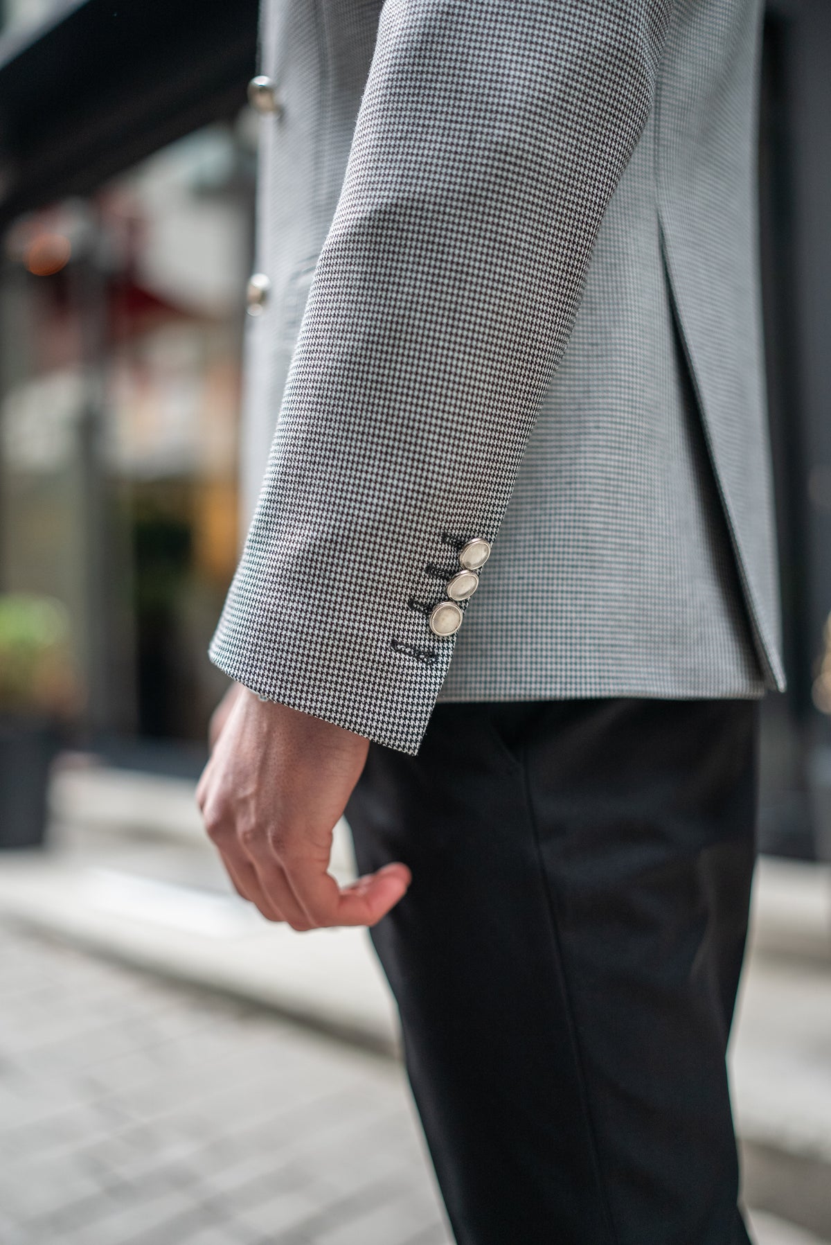 VIOSSI white houndstooth men double breasted blazer close-up of fabric texture and craftsmanship