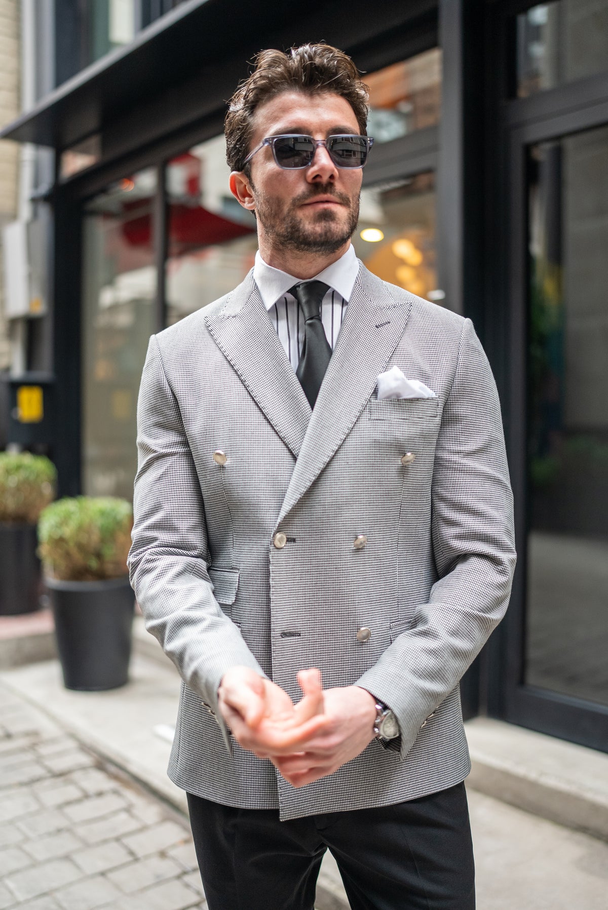 VIOSSI white houndstooth tuxedo double breasted blazer back view showing tailored fit and structure