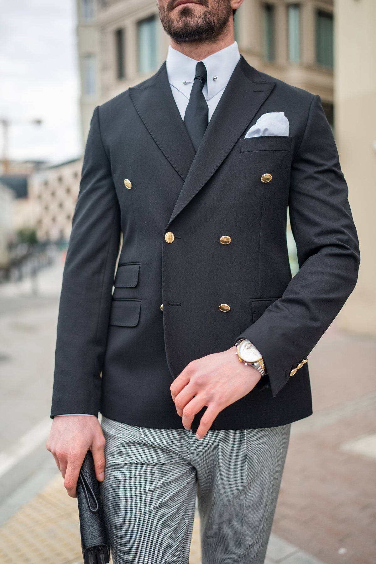 VIOSSI black double breasted blazer detail shot - men double breasted blazer button and lapel close-up view