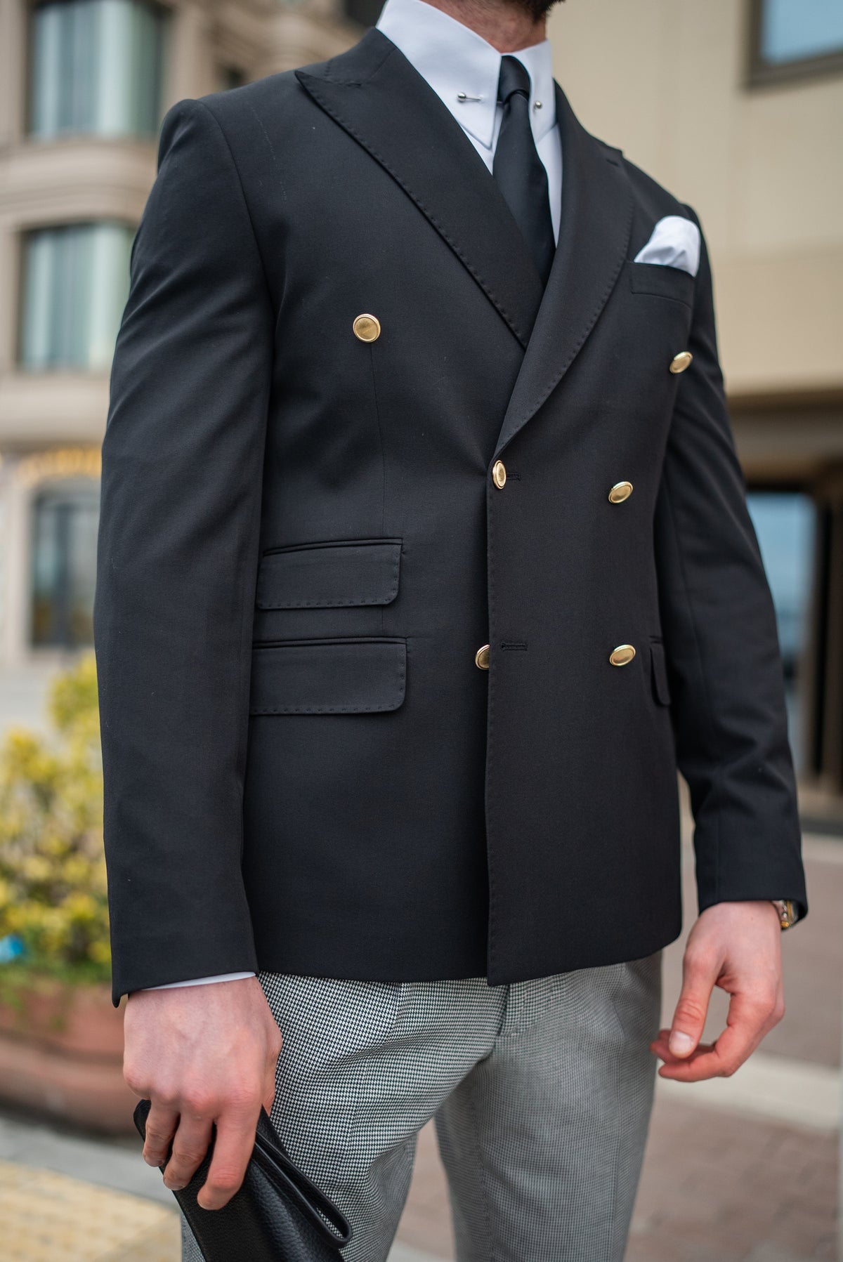 VIOSSI black double breasted blazer styled look - tuxedo double breasted worn with dress shirt and accessories