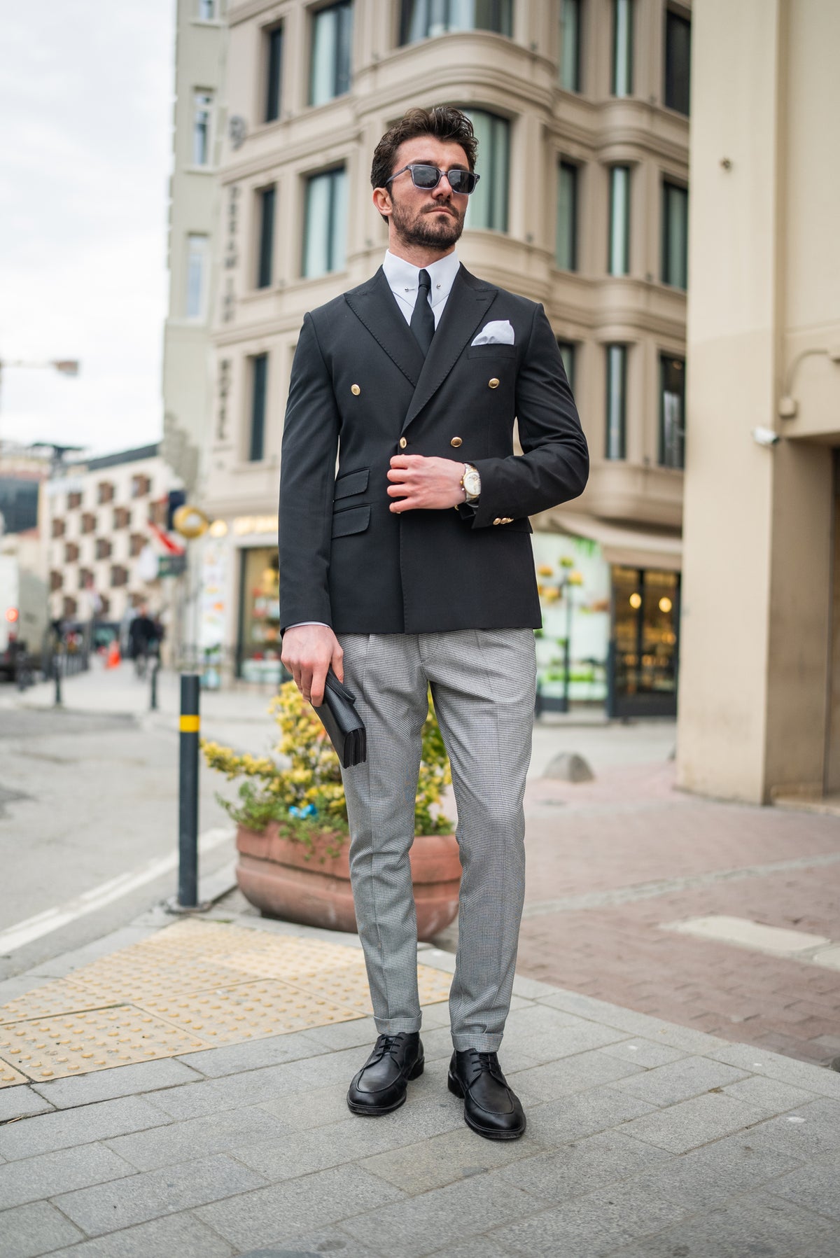 VIOSSI black double breasted blazer side profile - tuxedo double breasted style showing structured fit