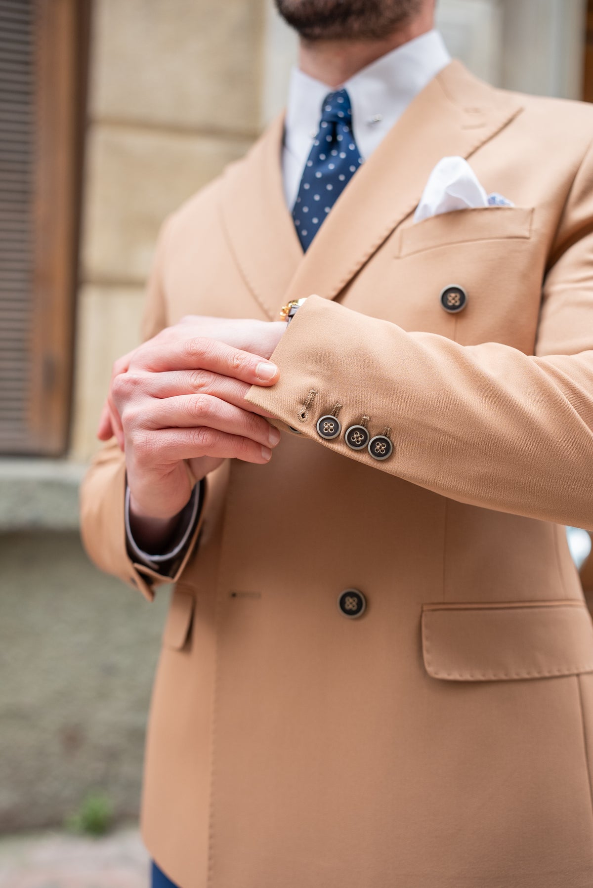 VIOSSI camel double breasted blazer full outfit styling with matching trousers