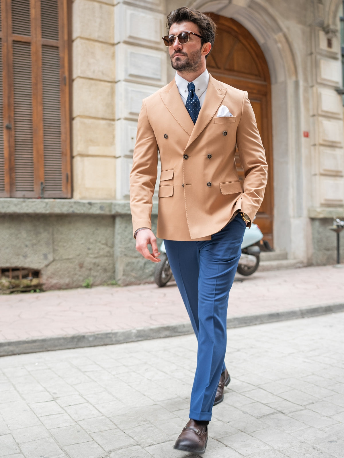 VIOSSI camel double breasted blazer front view - men double breasted blazer in warm tan color