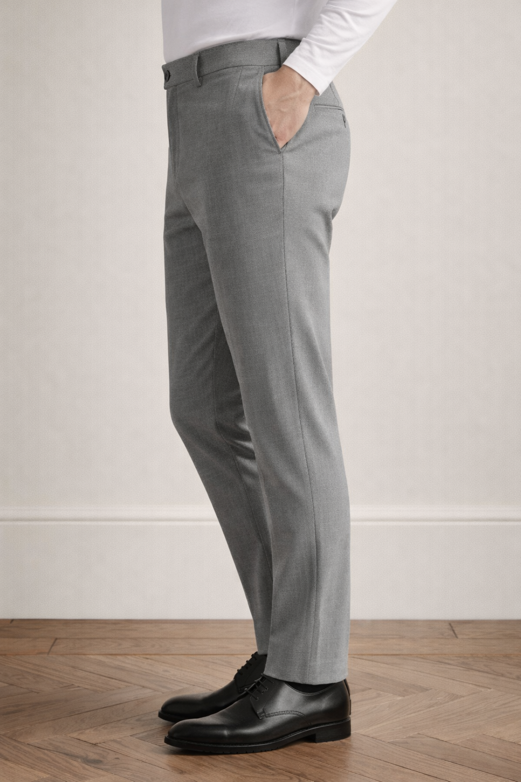 VIOSSI grey mid waist slim-fit pants front view, tailored italian suit styles for light blue wedding suit ensemble