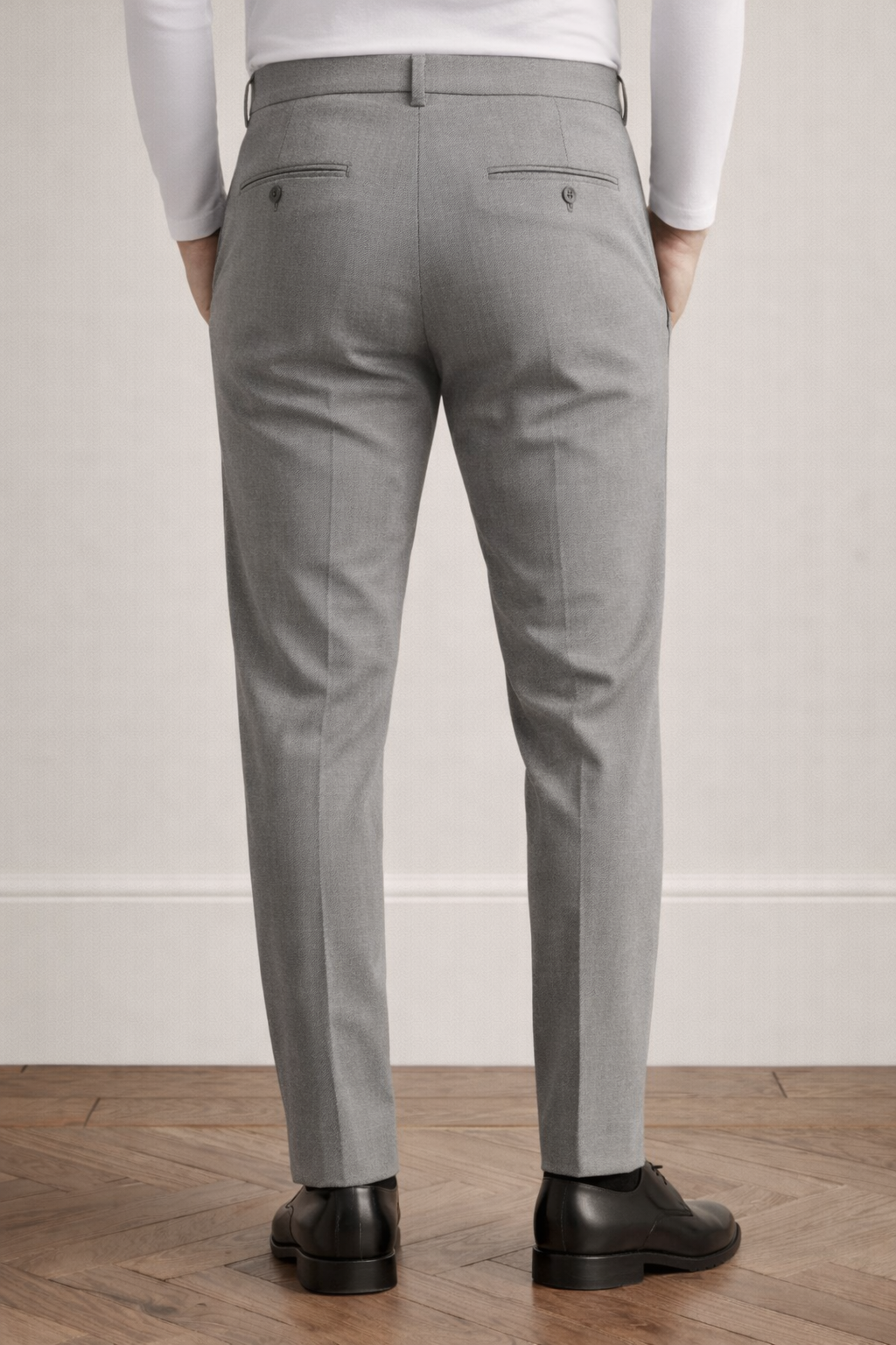VIOSSI grey mid waist slim-fit pants front view, italian suit styles for light blue wedding suit coordination