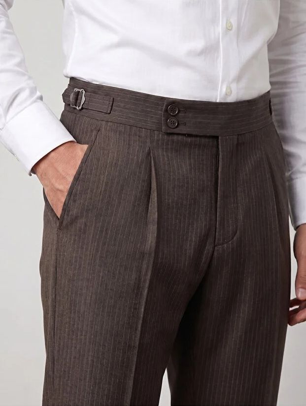 Brown Striped High Waist Slim-Fit Pants