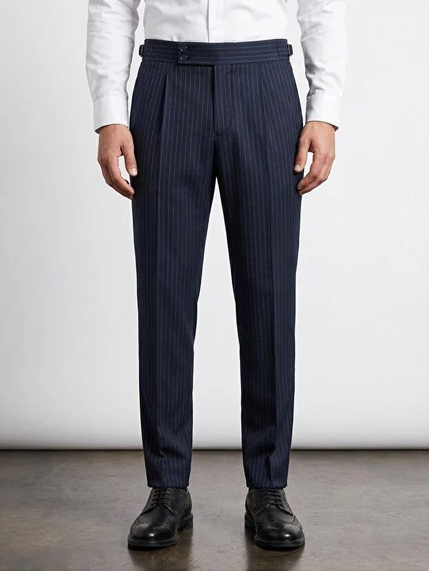 Navy Striped High Waist Slim-Fit Pants