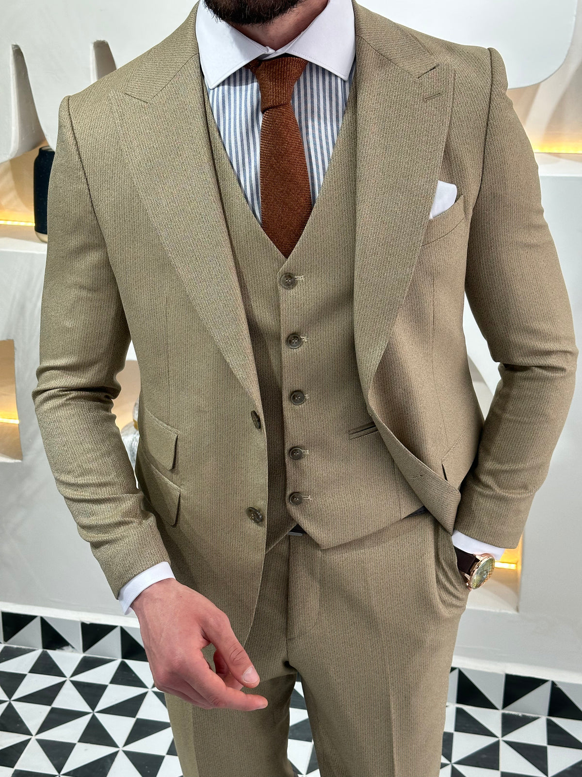 VIOSSI beige striped slim-fit 3-piece suit back view - light blue wedding suit alternative in classic style