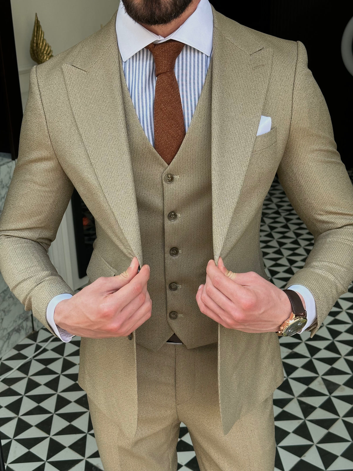 VIOSSI beige striped slim-fit 3-piece suit vest focus - Italian suit styles waistcoat with stripe pattern