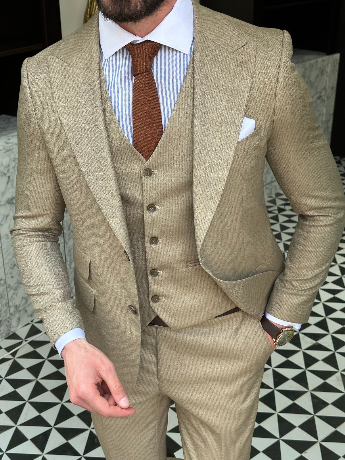 VIOSSI beige striped slim-fit 3-piece suit front view - italian suit styles perfect for formal occasions